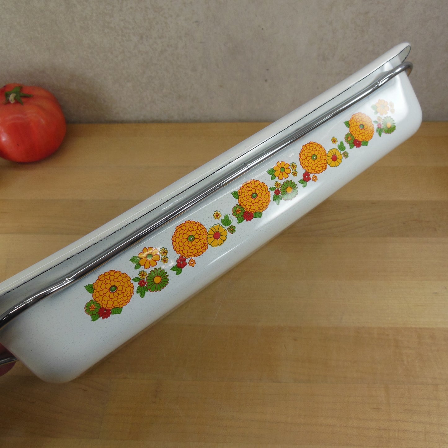 Cera-Met USA Enamelware Baking Brownie Pan Zinnia Flowers - Chrome Handles Mod MCM