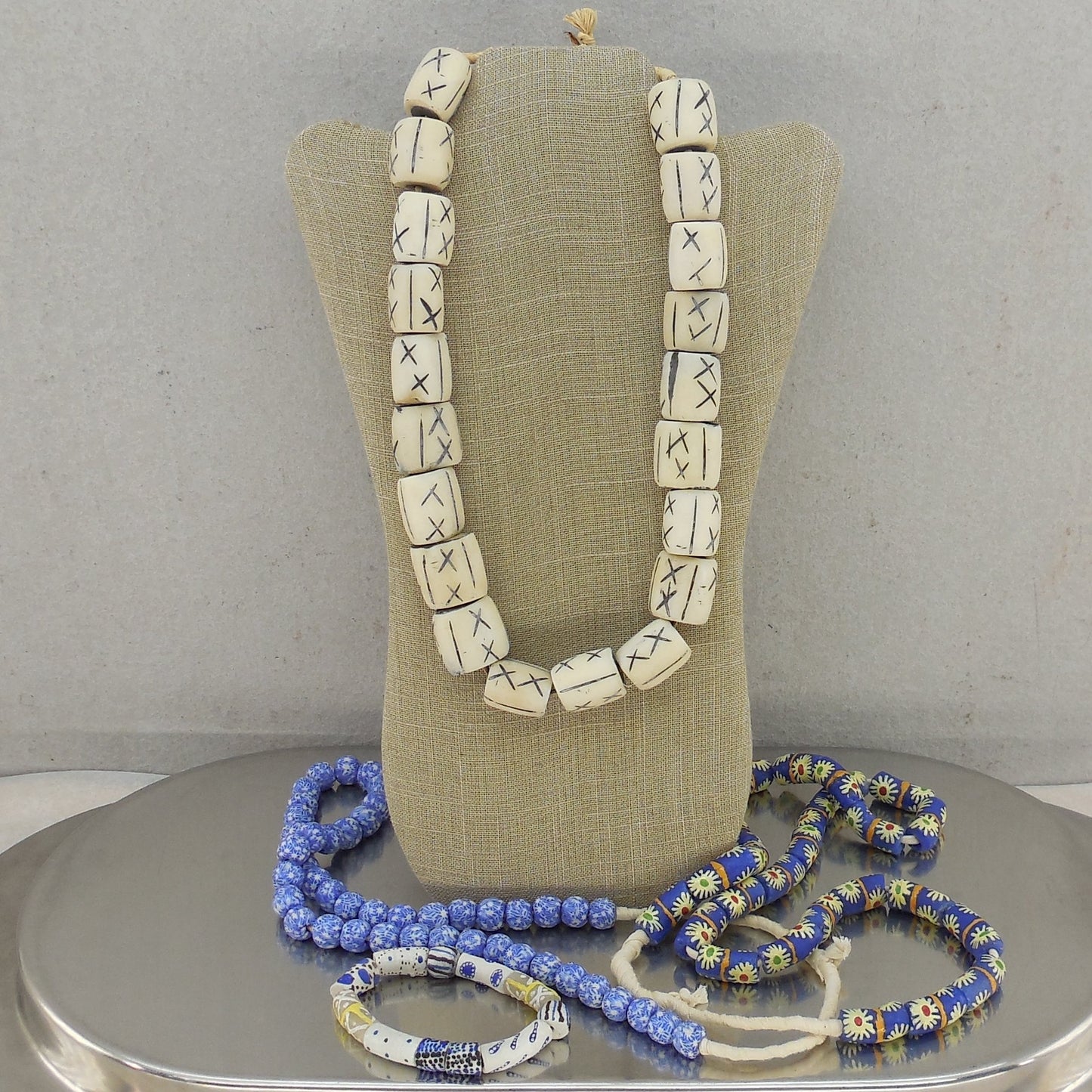 African Trade Ceramic Bead Necklace 3 Lot & Bracelet Tribal Bone