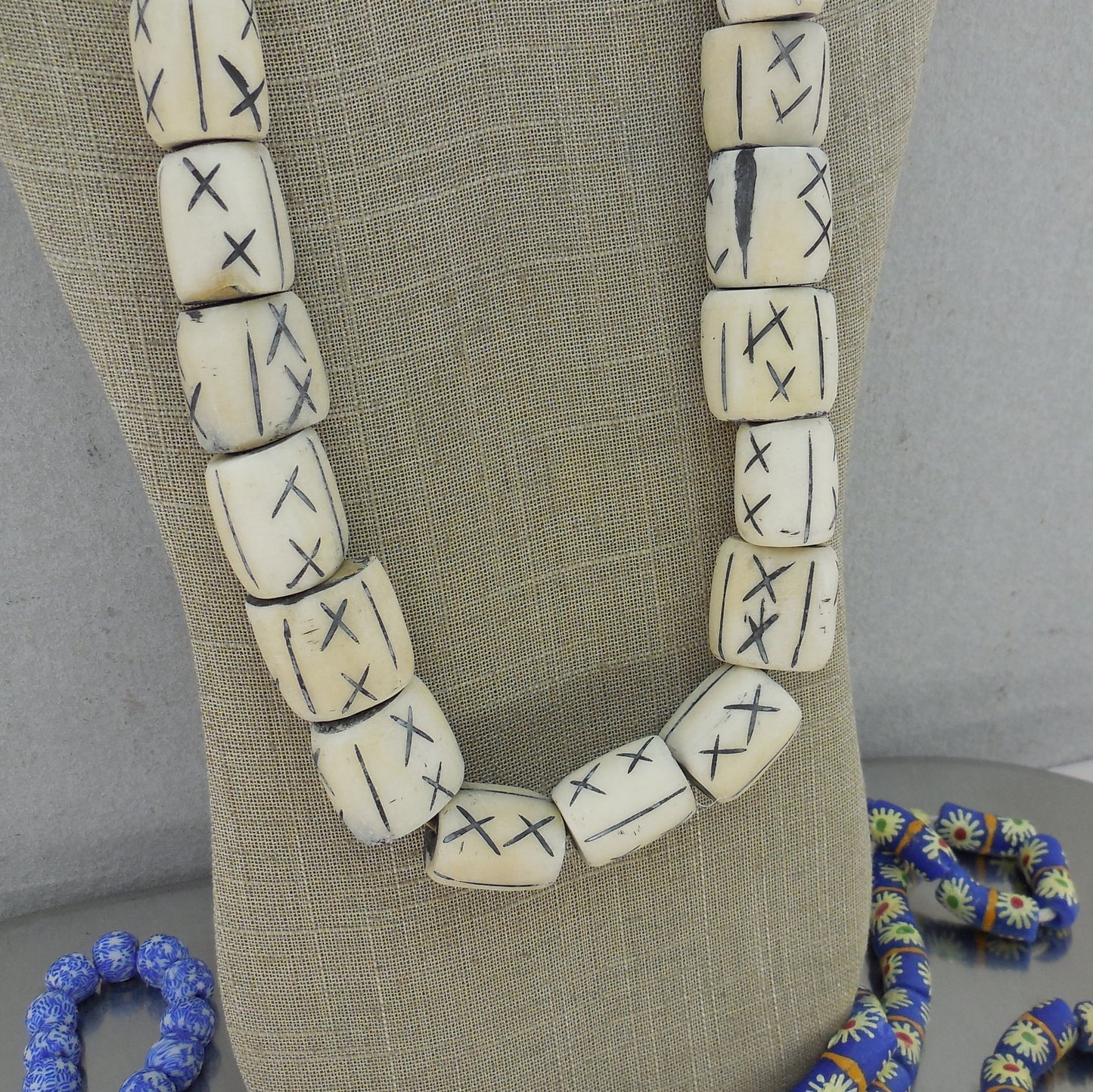 African Trade Ceramic Bead Necklace 3 Lot & Bracelet Tribal Primitive