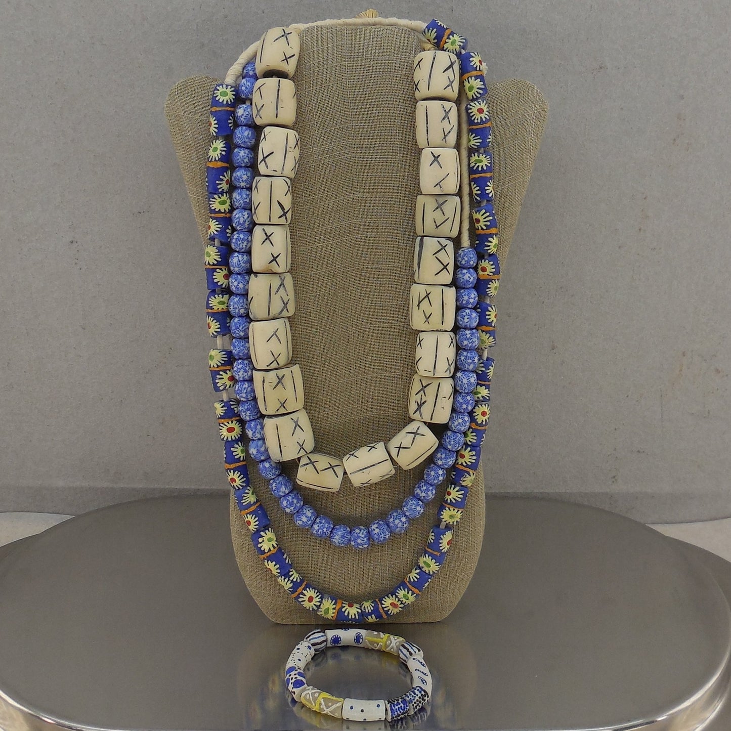 African Trade Ceramic Bead Necklace 3 Lot & Bracelet Tribal