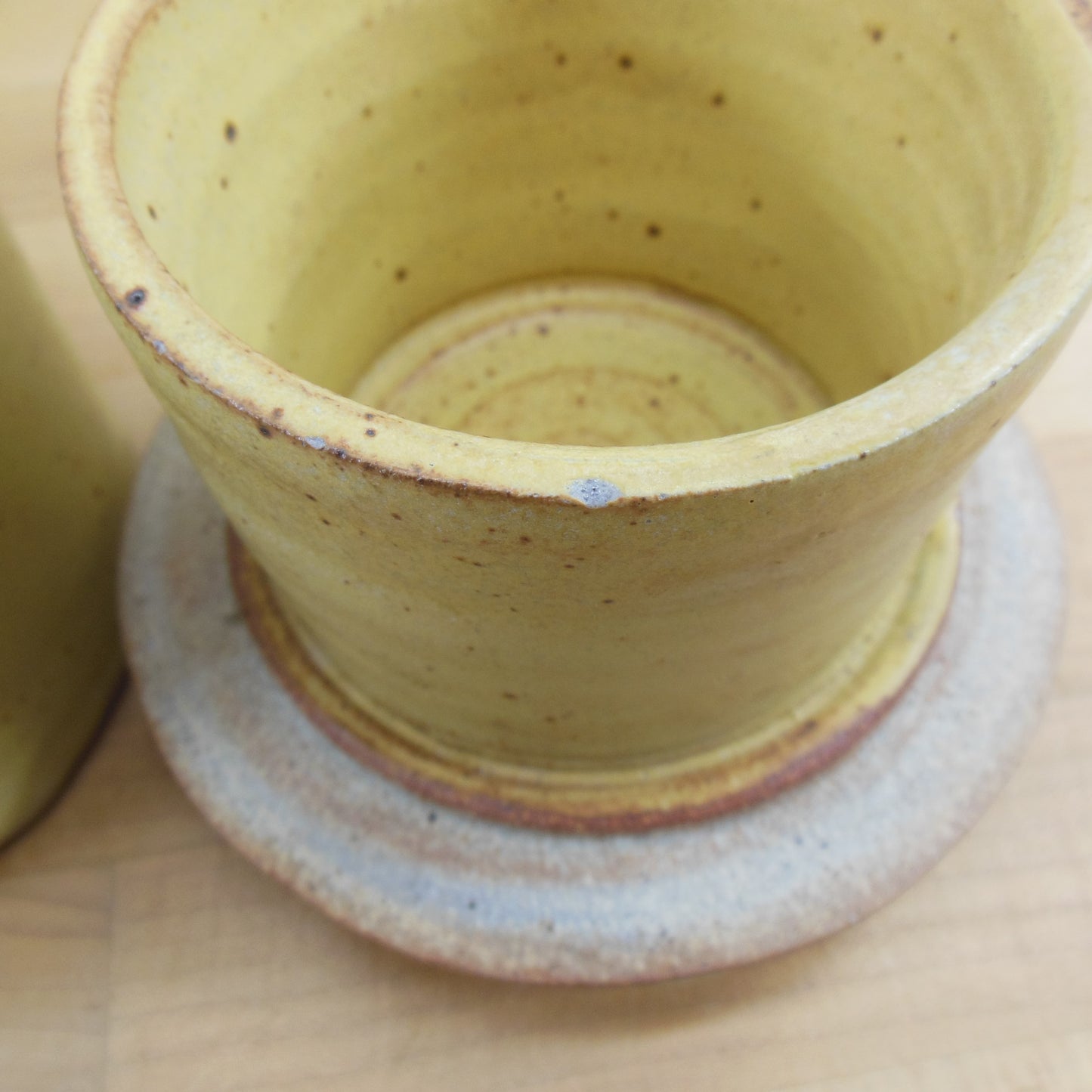 Signed J Yellow Stoneware Pottery Butter Bell Jar