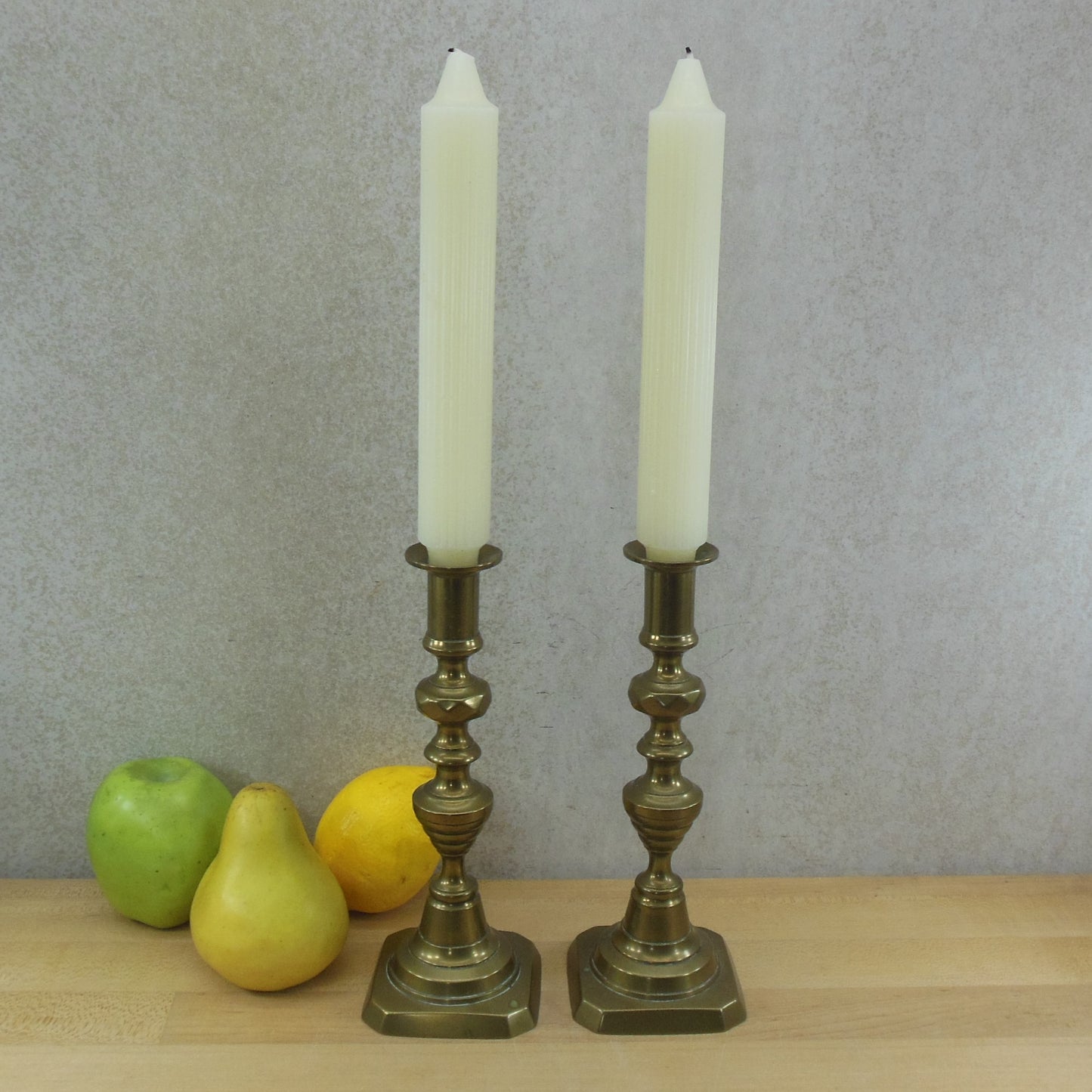 English Antique Victorian Brass Candlestick Holder Pair 9"