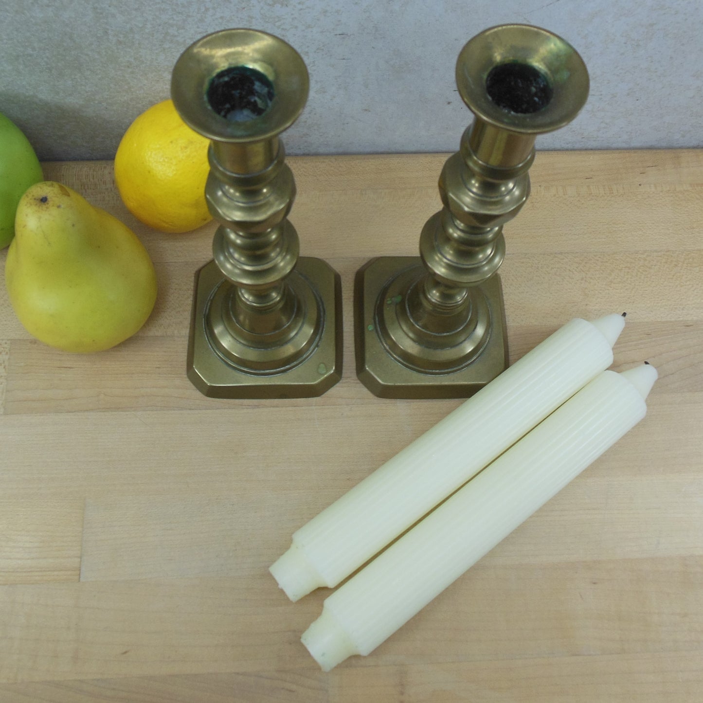 English Antique Victorian Brass Candlestick Holder Pair 9" with candles