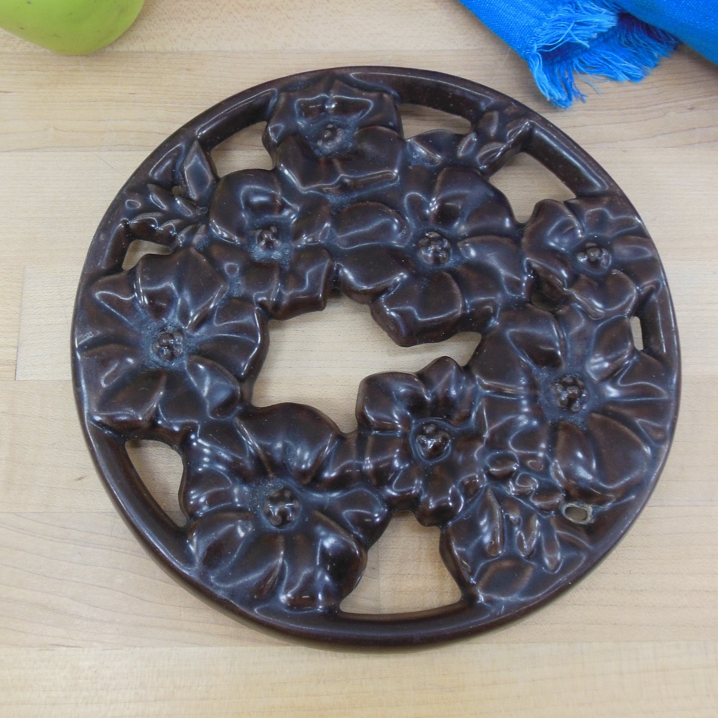 Genevieve Lethu France Brown Enamel Flowers Cast Iron Trivet