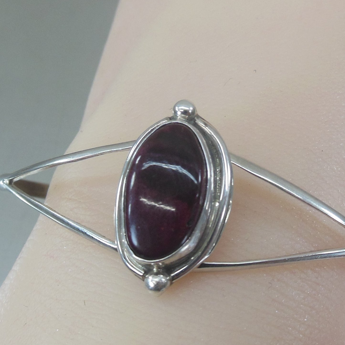 Signed H Native American Sterling Silver Purple Cabochon Cuff Bracelet vintage