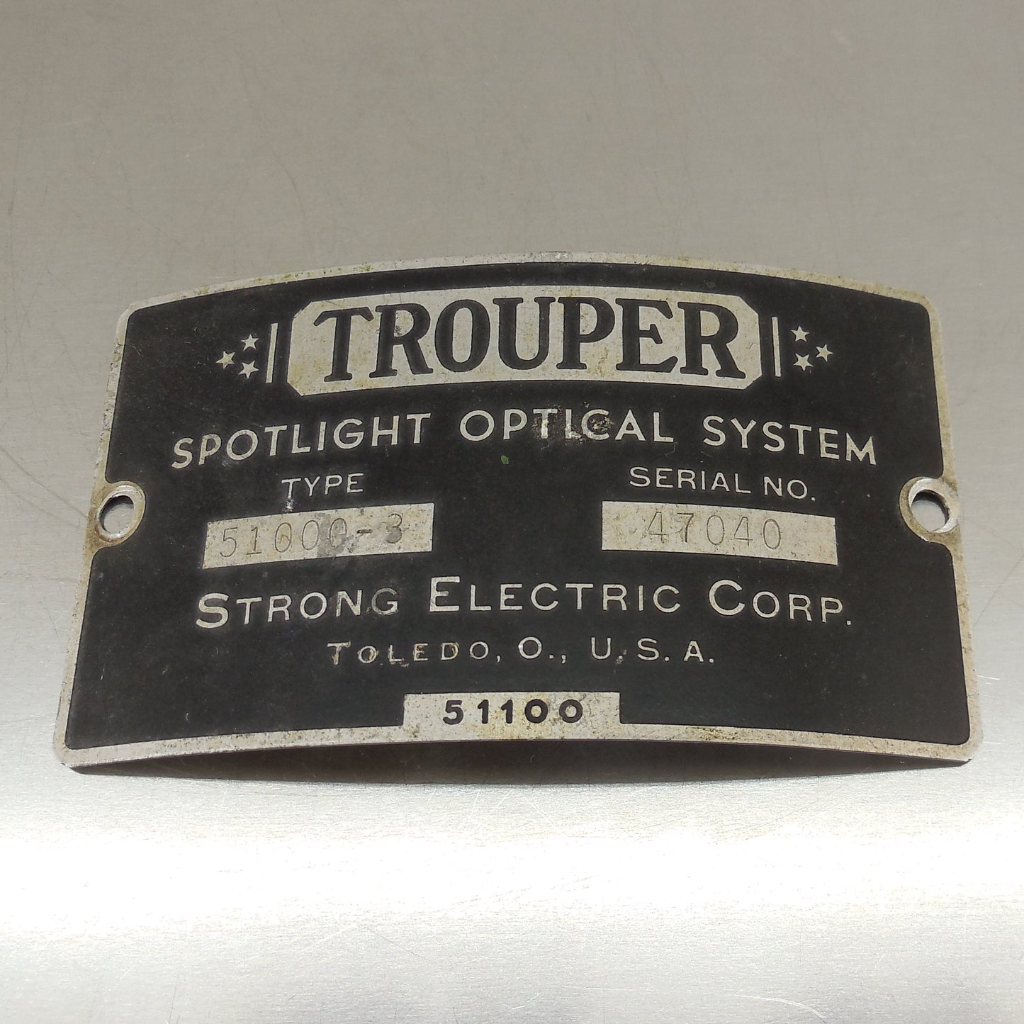 Trouper Spotlight Optical System Serial Badge Tag Metal Badge 51000-3 Used