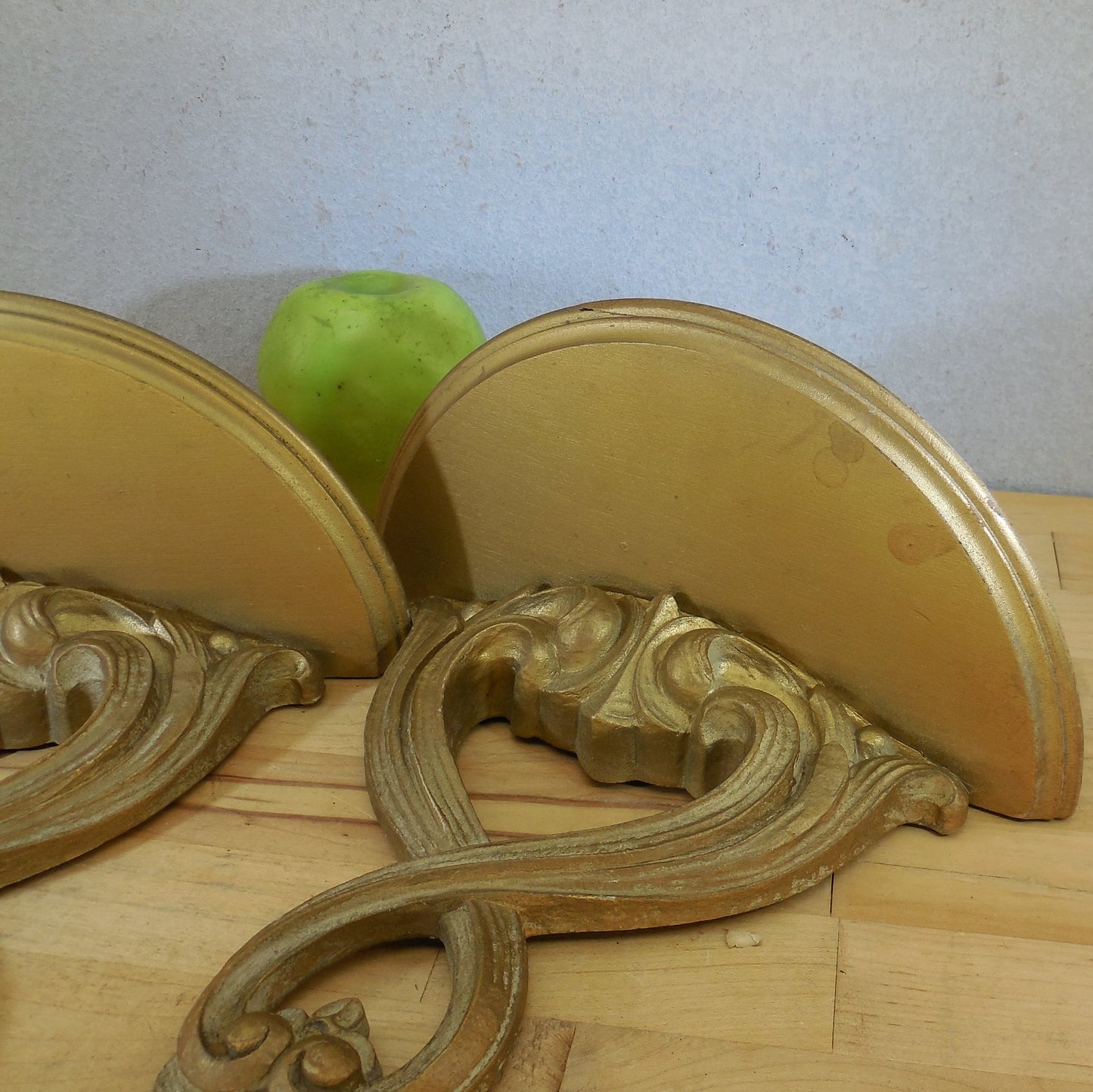 Syroco USA MCM Hollywood Regency Ornate Washed Gold Wall Shelves Pair Spots