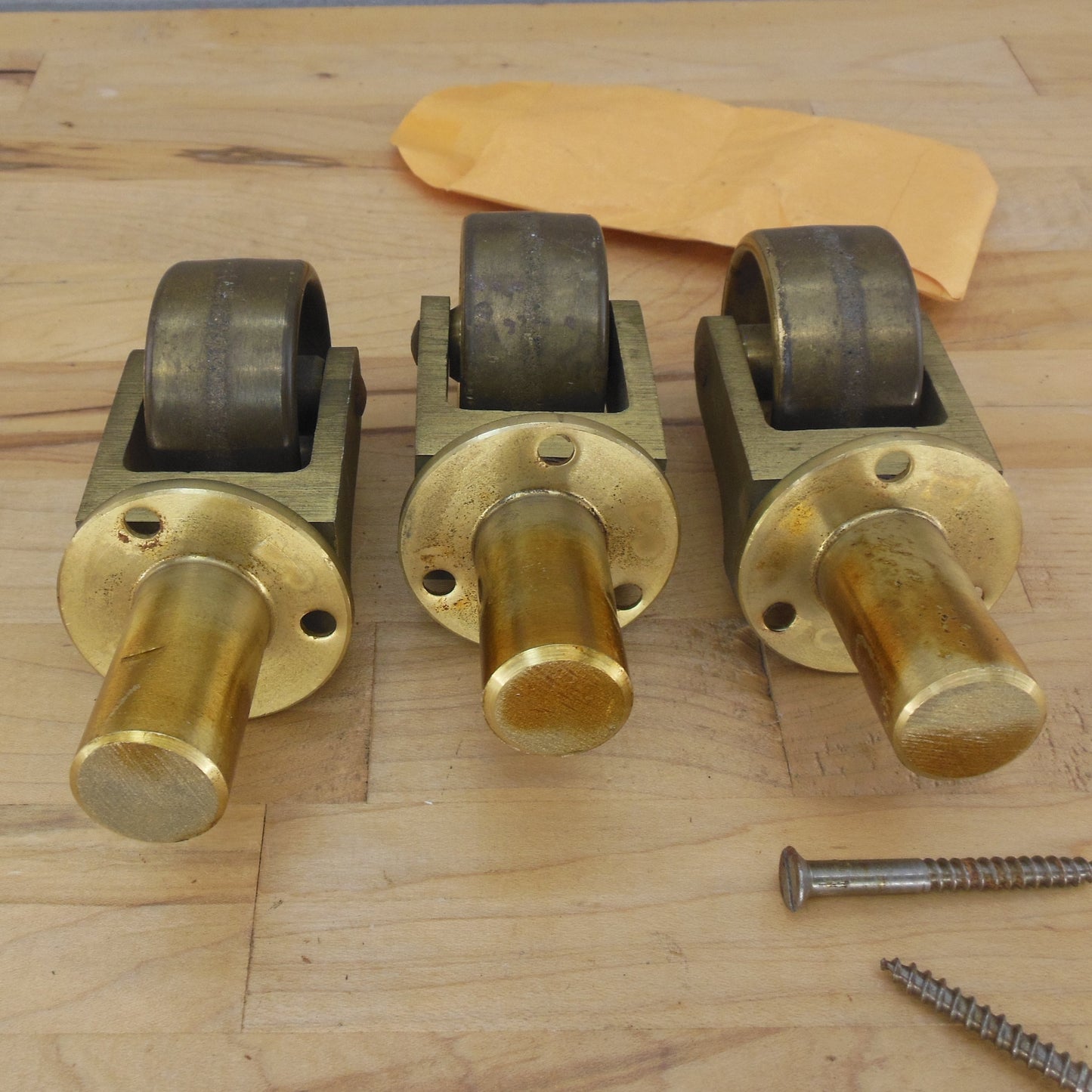 Unbranded Brass Grand Piano Wheel Caster 3 Set 1" Width 2-1/8" Dia. Used Vintage