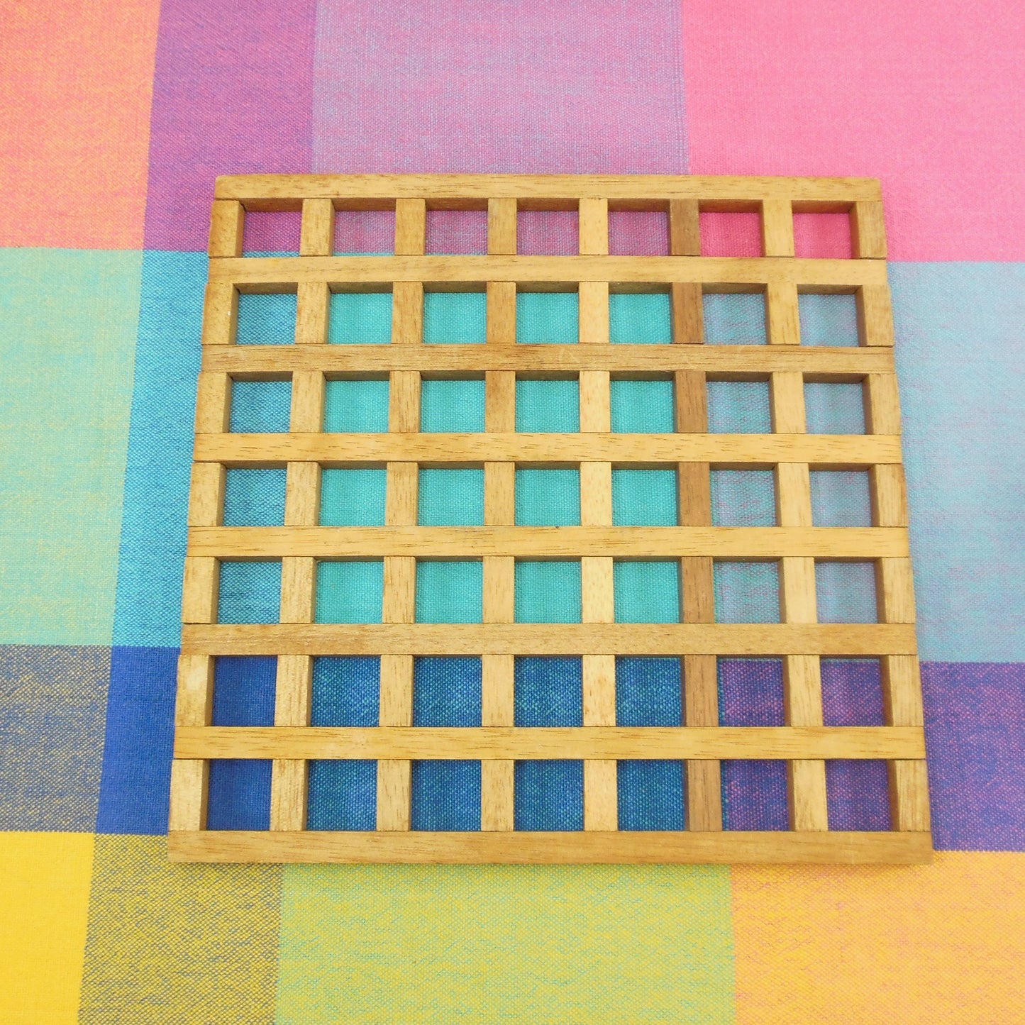 Teak Wood Grid 8" Square Trivet Used