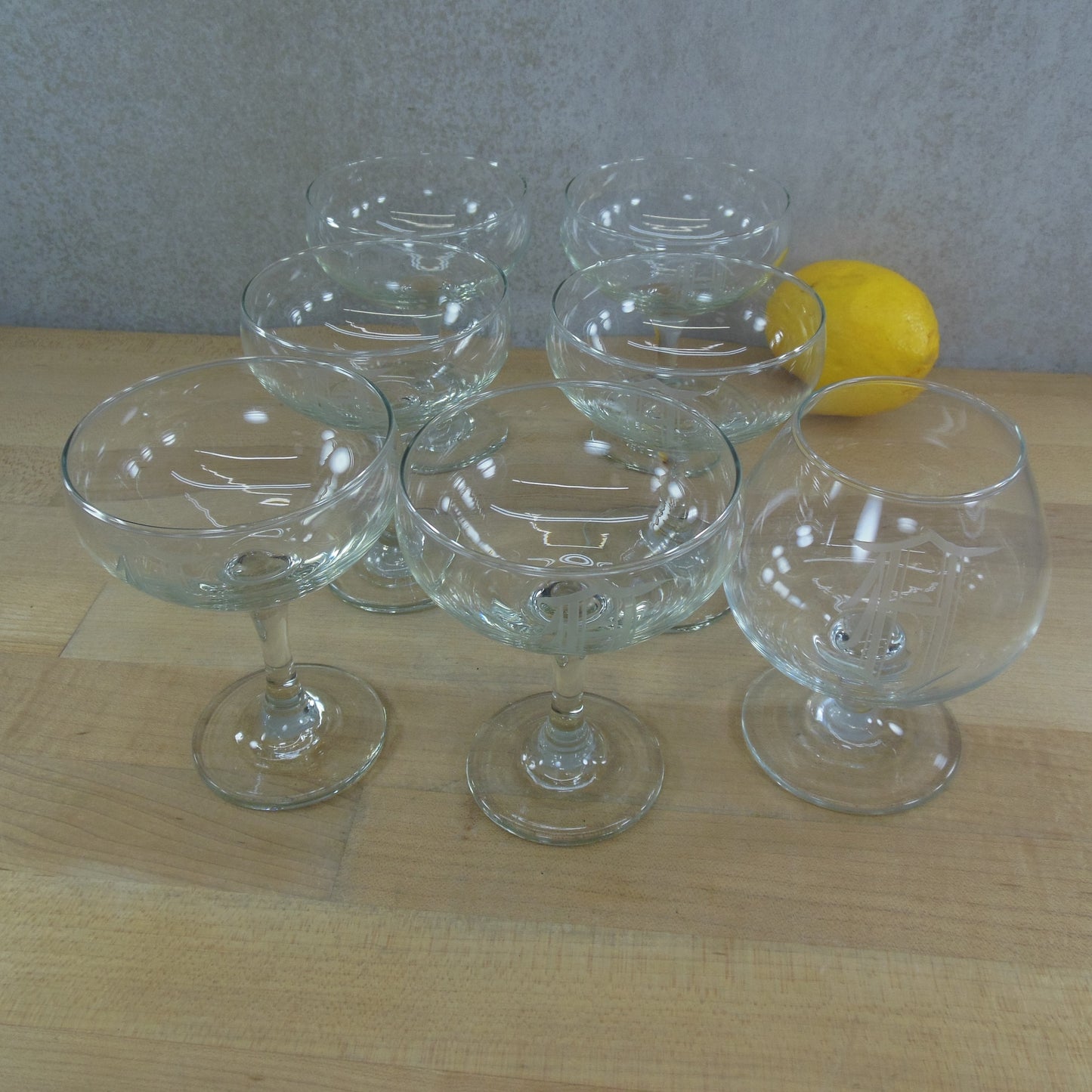 Cocktail Barware Glasses & Brandy Snifter Cut Glass Monogram A Vintage Used