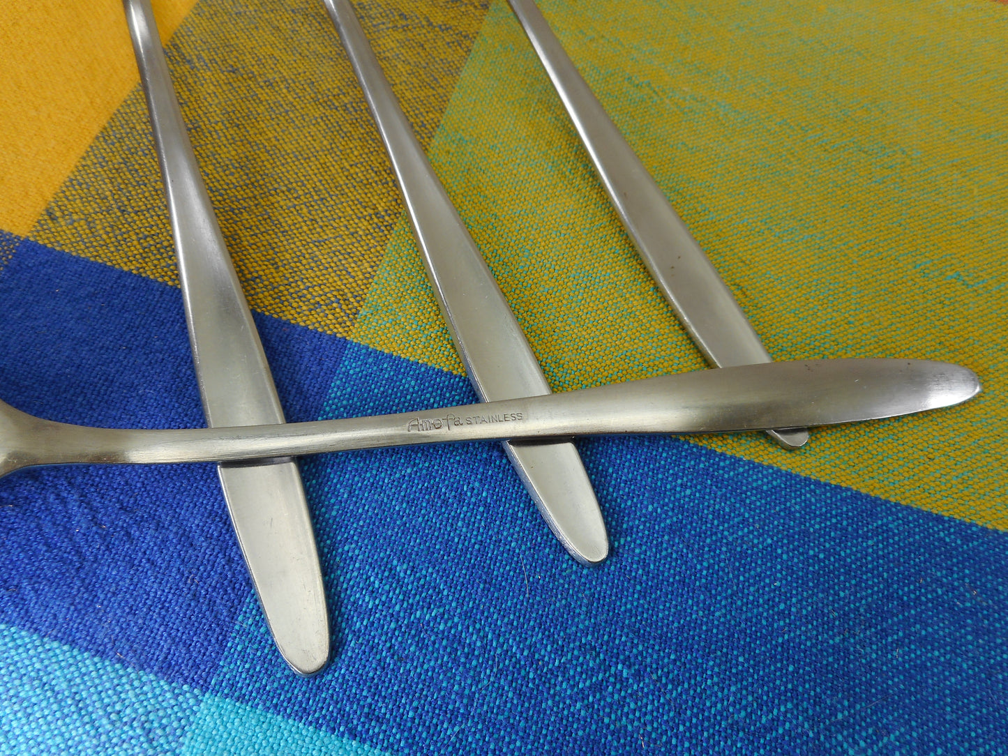 Amefa Stainless Flatware Unknown Pattern 4 Set Iced Tea Spoons - Plain Recessed Handle Vintage