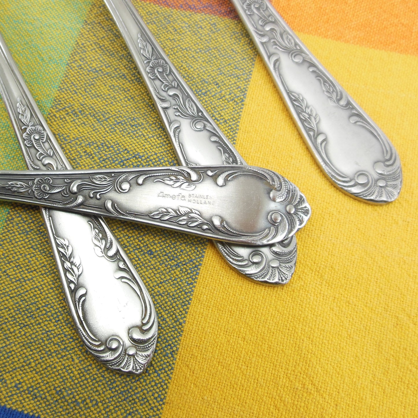 Amefa Holland AFS1 Stainless Flatware Scroll Handle - 4 Dinner Forks Vintage used
