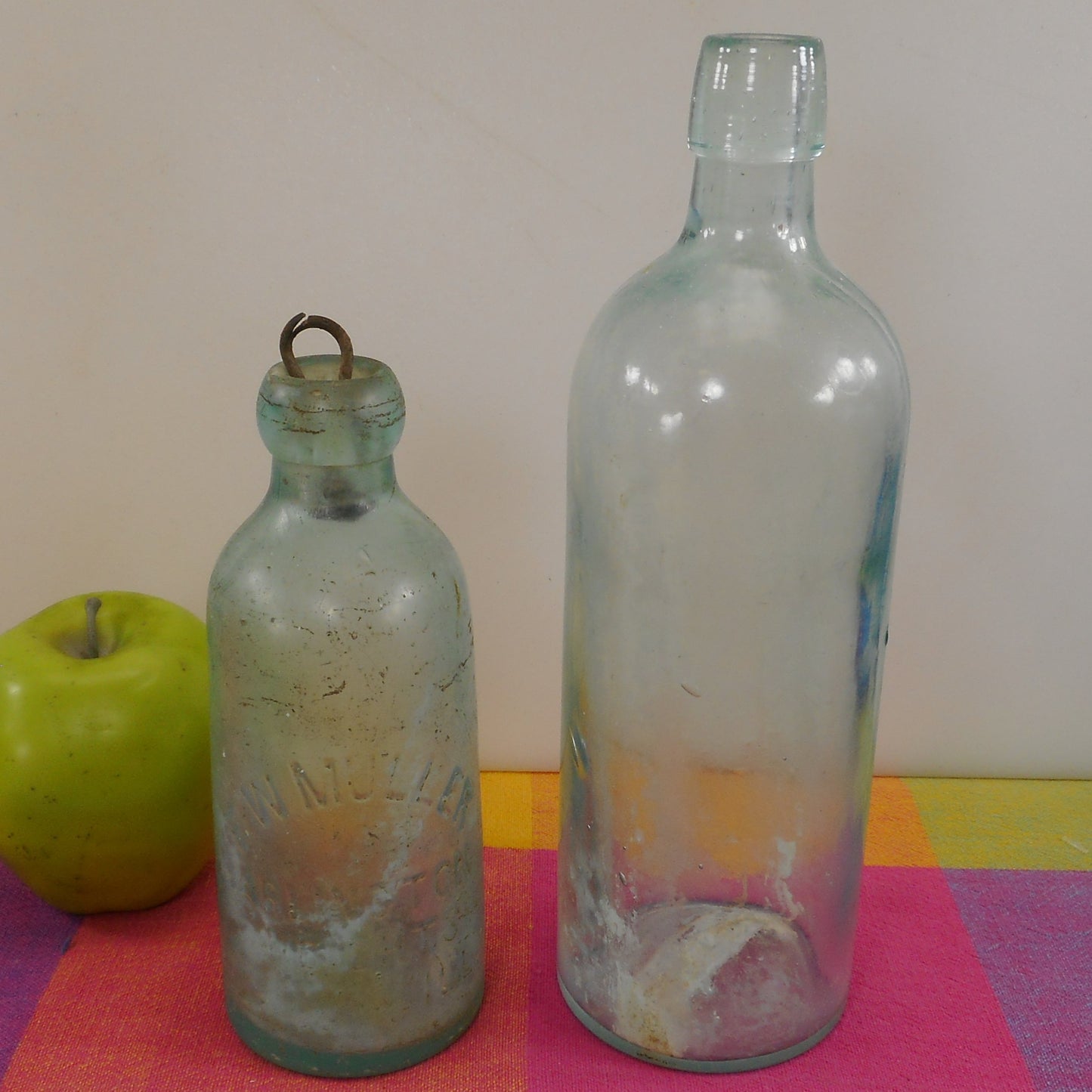 Antique Aqua Glass Bottles - F.W. Muller Arlington Heights Ill. Soda - DR SBH& Co. PR Tonic Medicinal