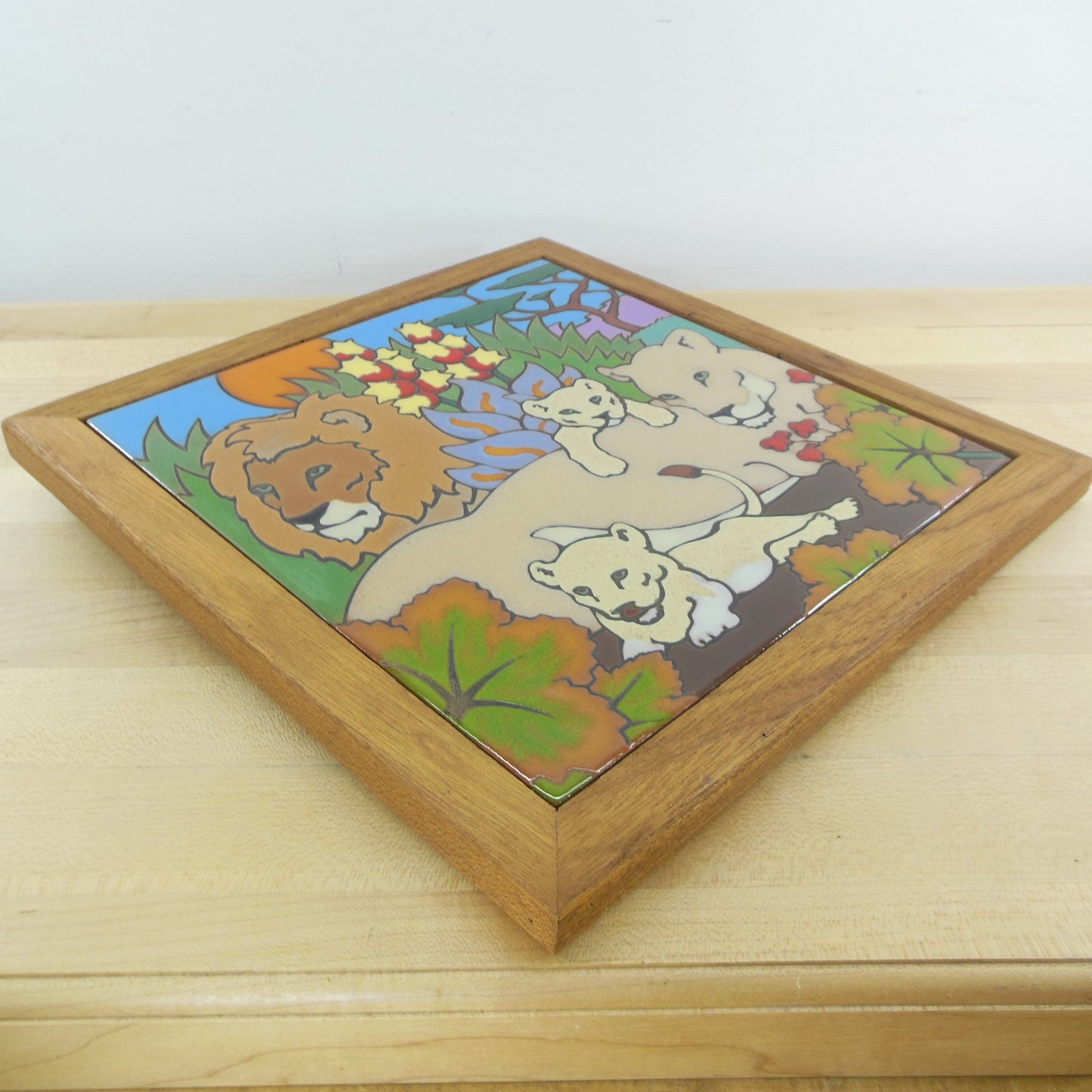 Arius Wall Art Framed Tile - Lion Family 9.75" Vintage