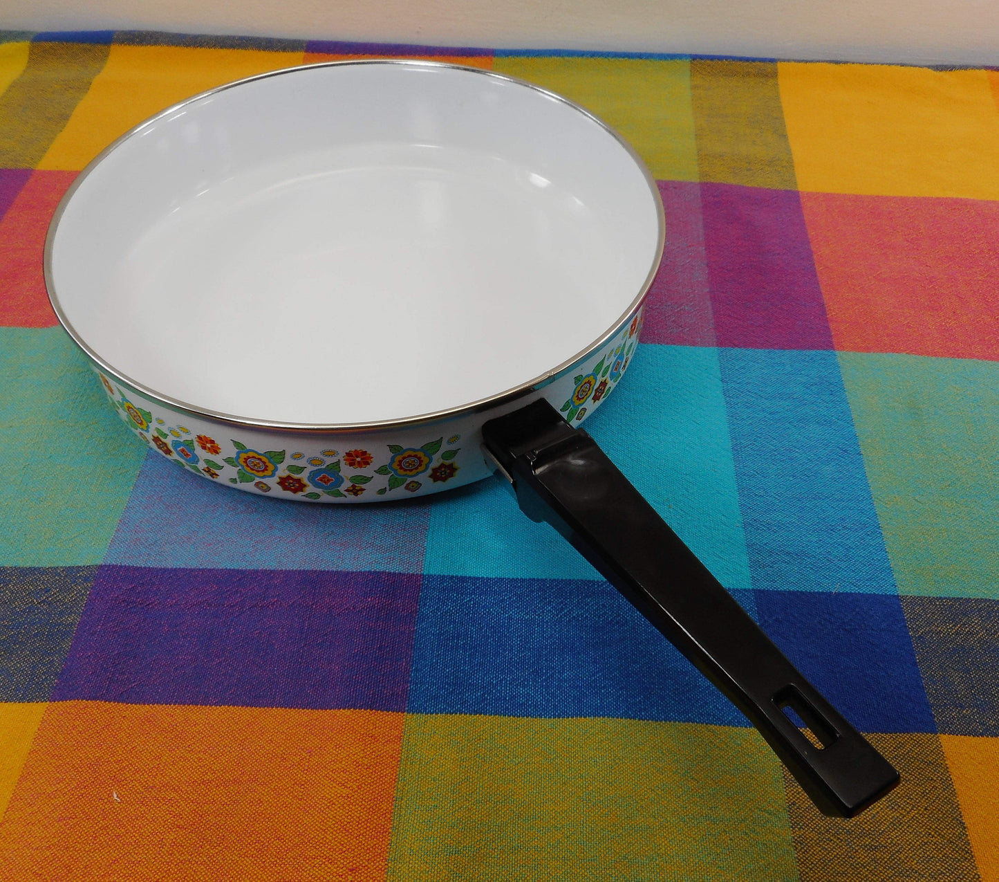 Austria Email Enamelware Cookware 10" Skillet - Mod Mid Century Flowers Vintage