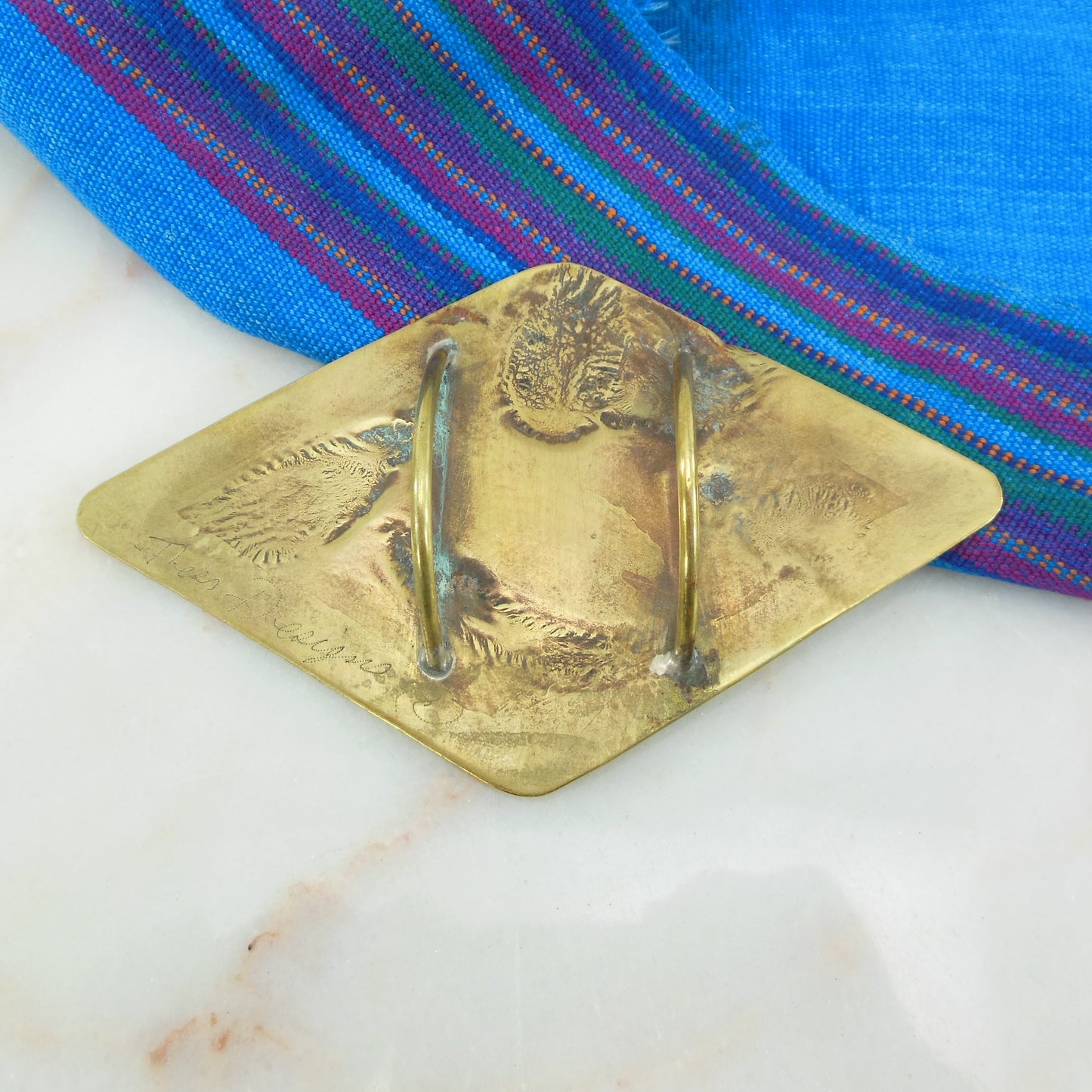 Ness or Jess Designs Vintage Large Artisan Brass Scarf Slide 1970's