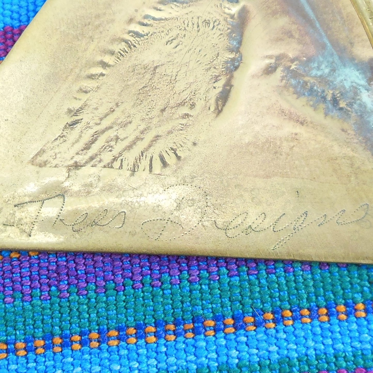 Ness or Jess Designs Vintage Large Artisan Brass Scarf Slide Abstract