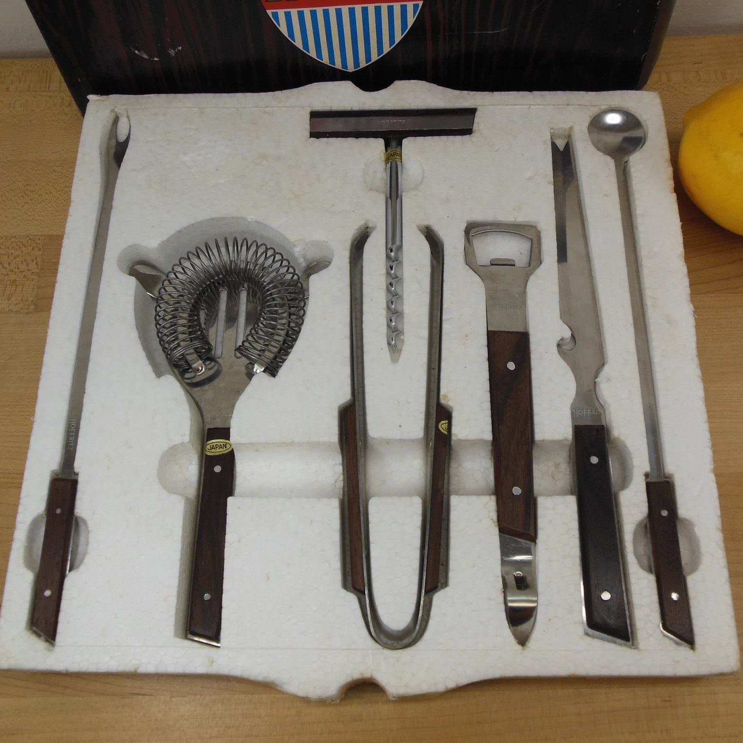 Hoffritz Japan Stainless Wood 7 Piece Bar Ware Set NOS Boxed Vintage Mid Century