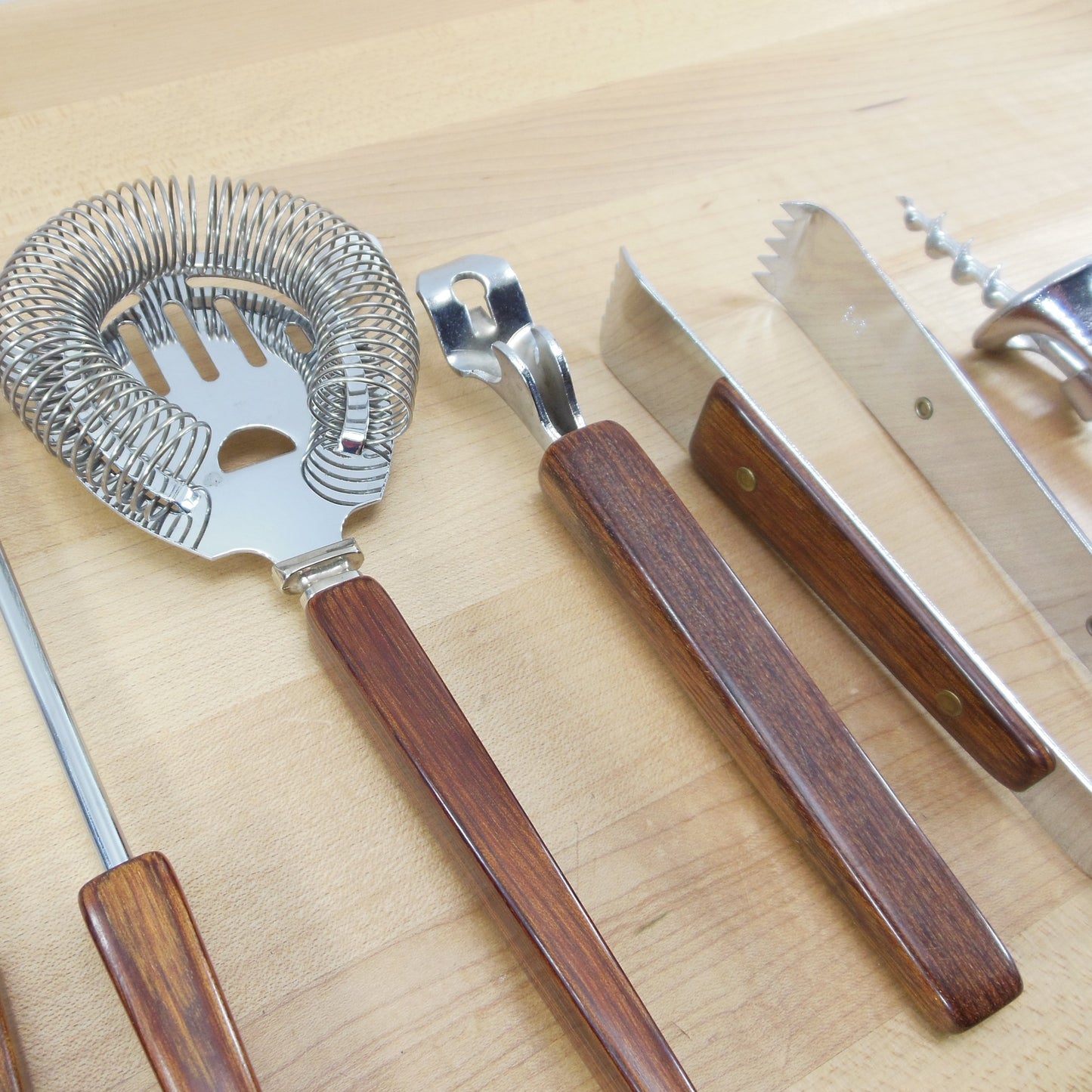 Unbranded USA Stainless Chrome Wood Handle Bar Ware Utensil Set Vintage