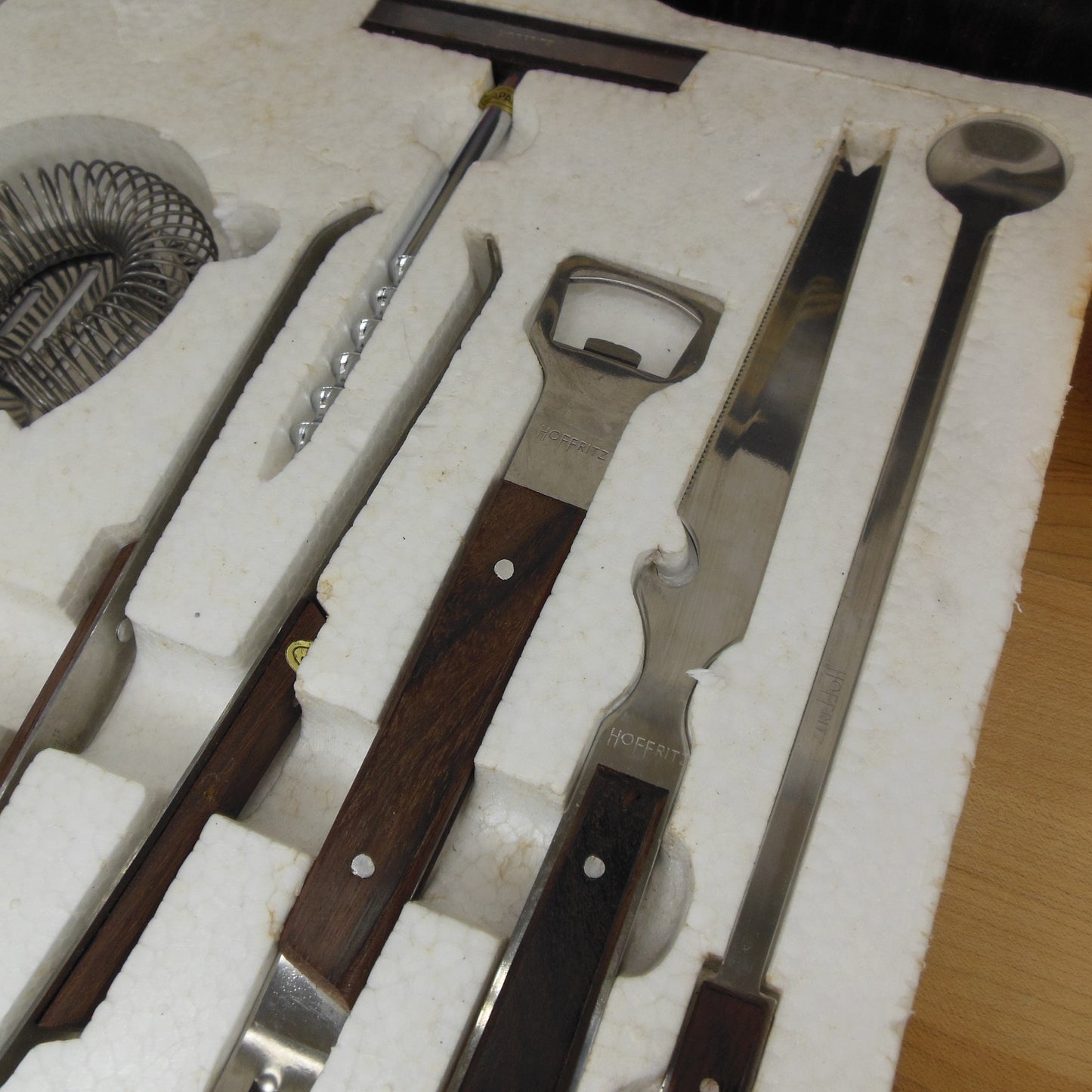 Hoffritz Japan Stainless Wood 7 Piece Bar Ware Set NOS Boxed Opener strainer knife tongs corkscrew