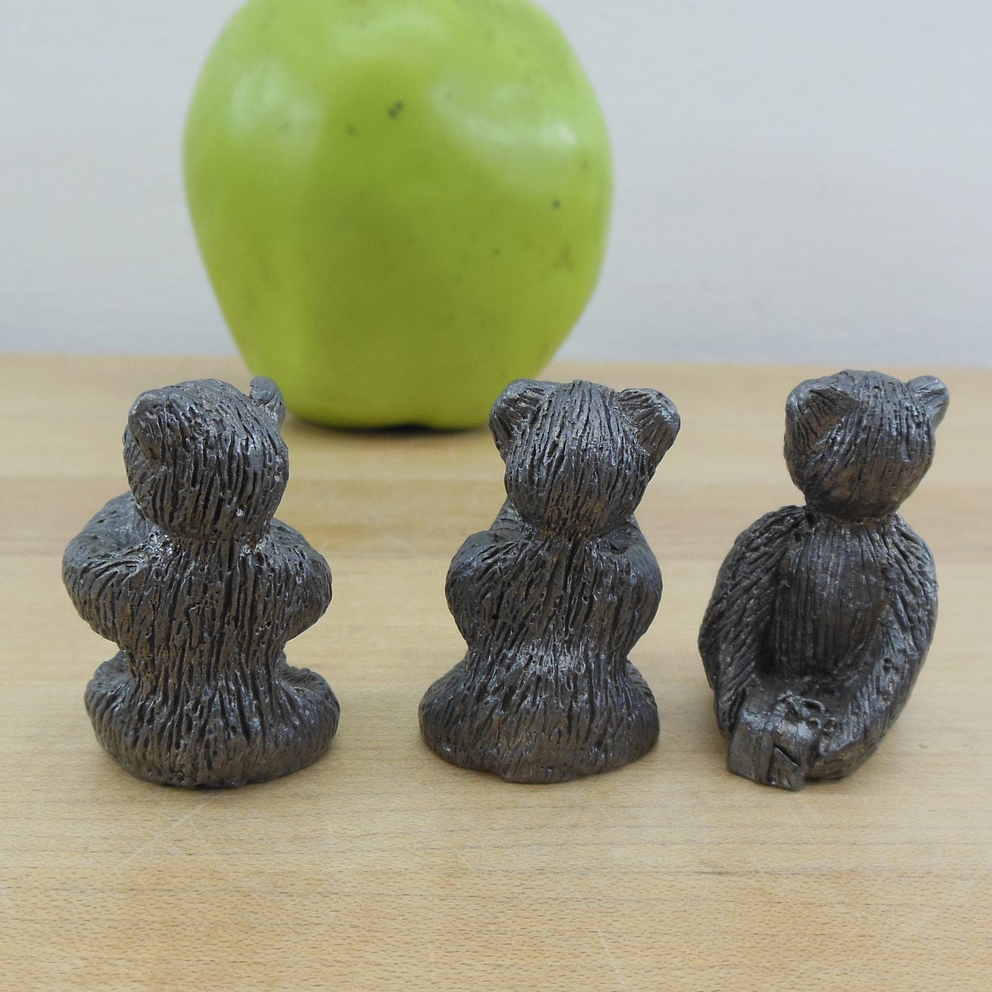 Handcrafted Pewter Miniature Bears and Wrapped Present Vintage
