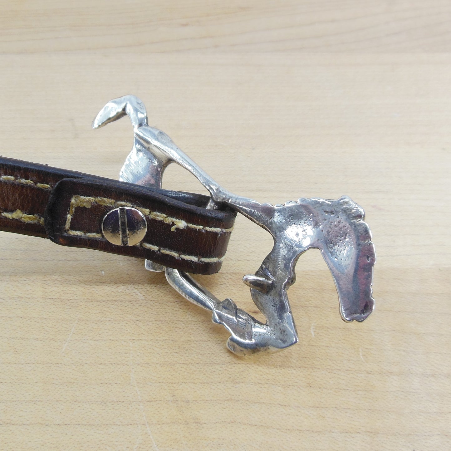 Galloping Horse Silver Buckle Double Stitched Leather Rein Belt Cowgirl Used