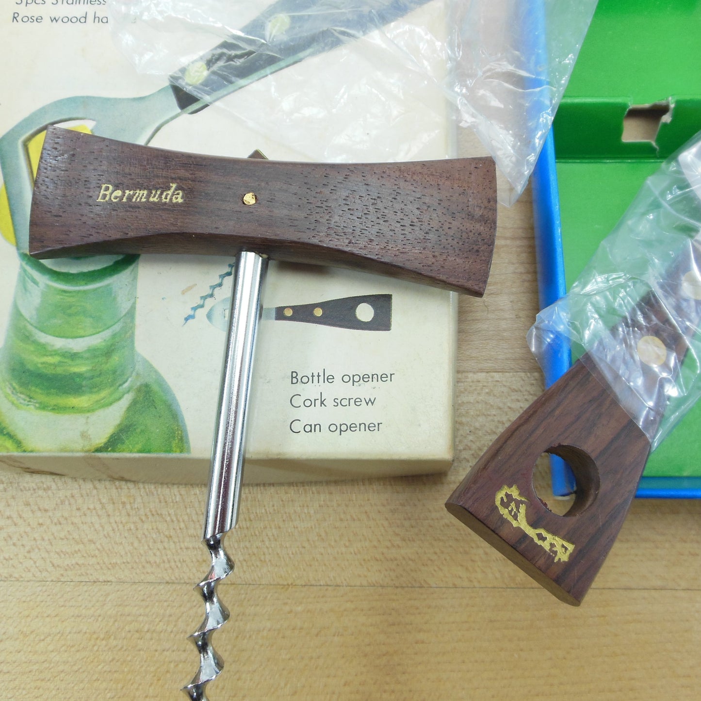 Rosewood Stainless 1960-70's Bar Set Openers Corkscrew Bermuda Souvenir NOS Vintage New