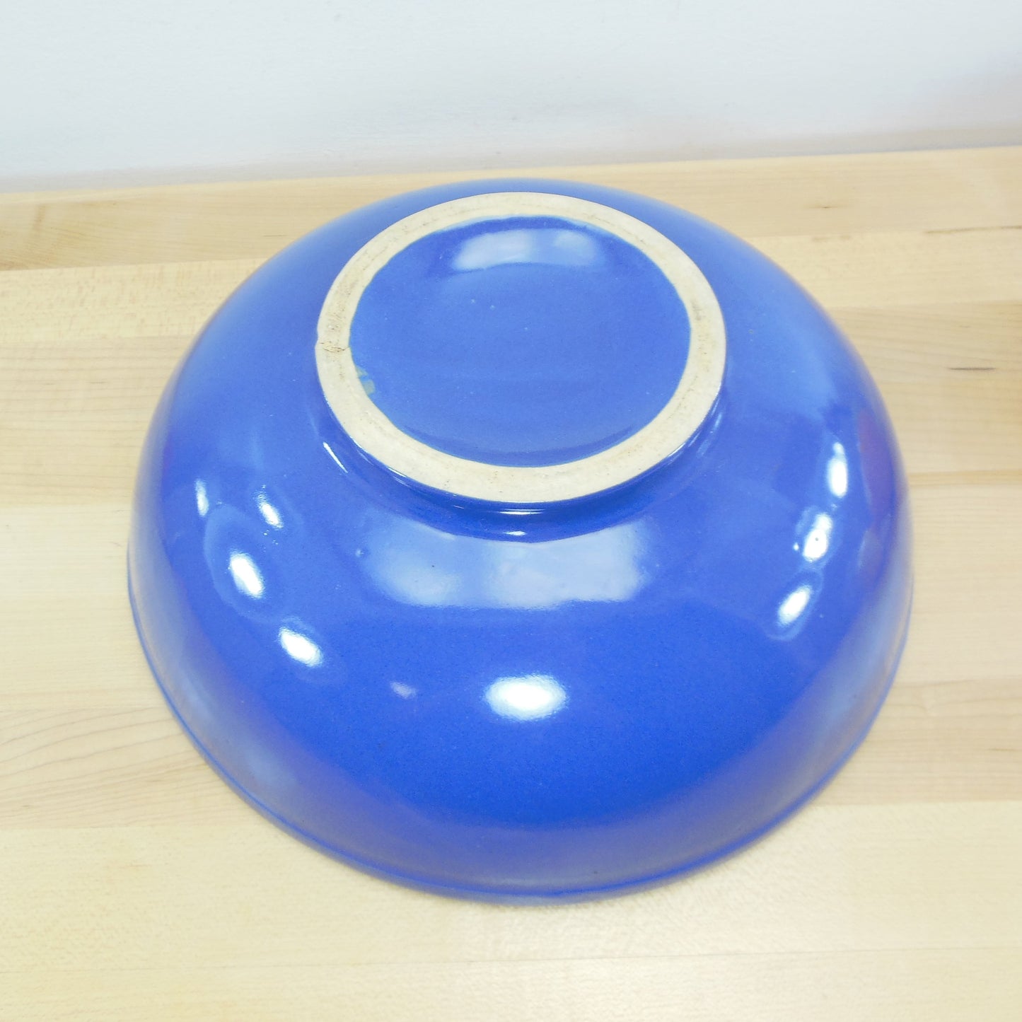 Unmarked Maker 11" Large Blue Pottery Fruit Salad Serving Footed Bowl used