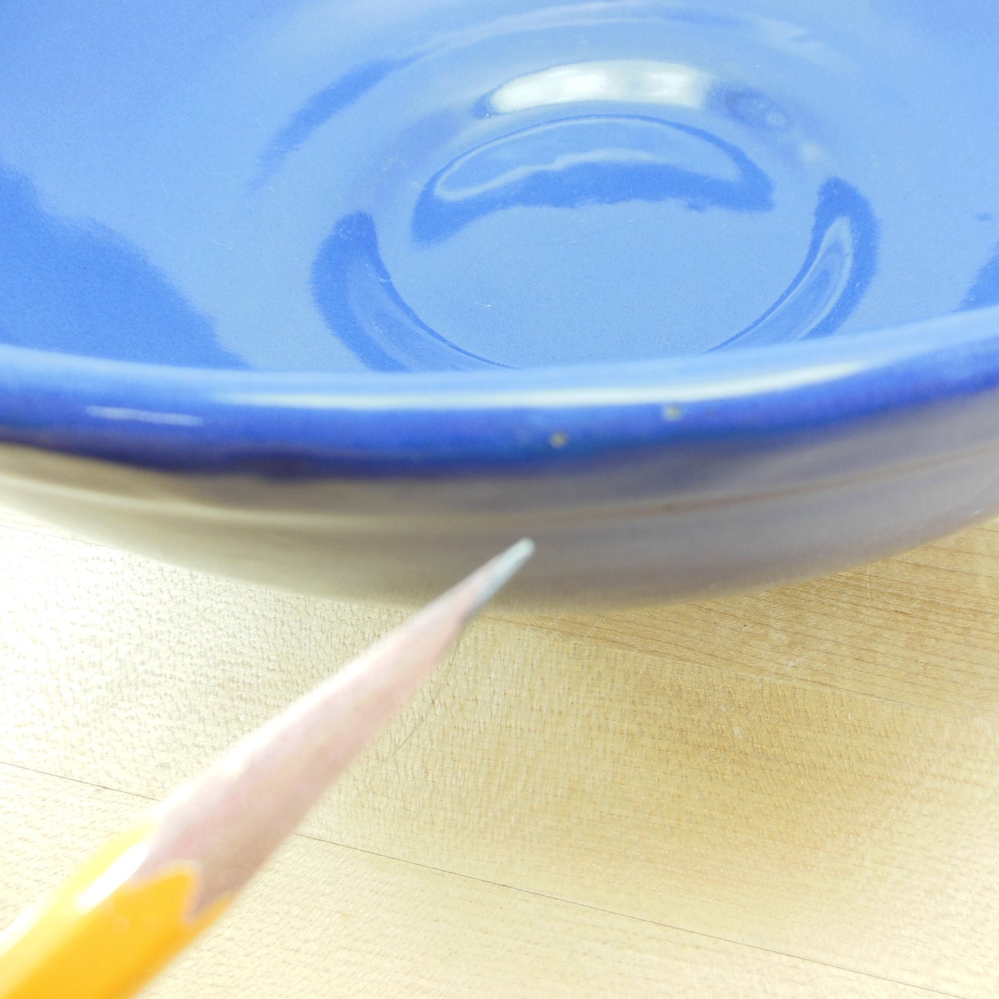 Unmarked Maker 11" Large Blue Pottery Fruit Salad Serving Footed Bowl chip