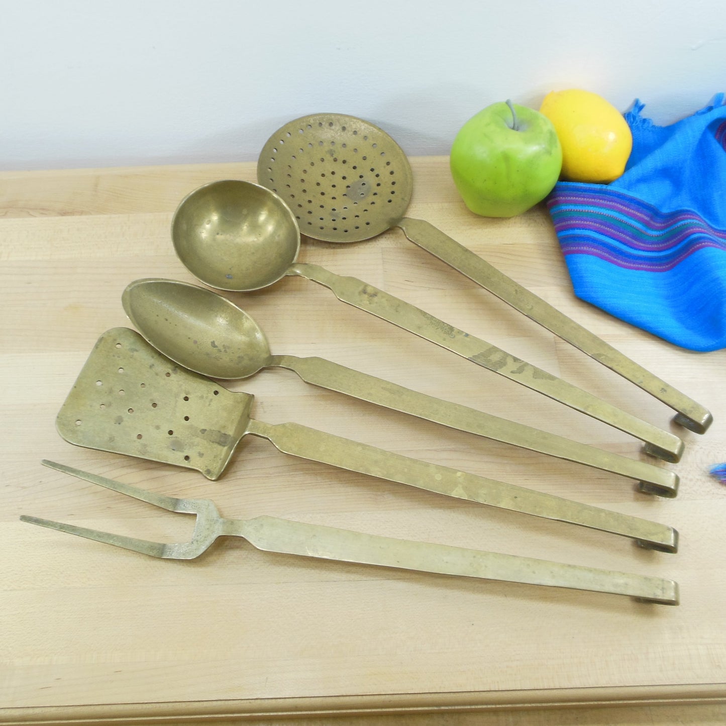 Heavy Large Brass 5 Piece Kitchen Utensil Set - Hanging Hooks