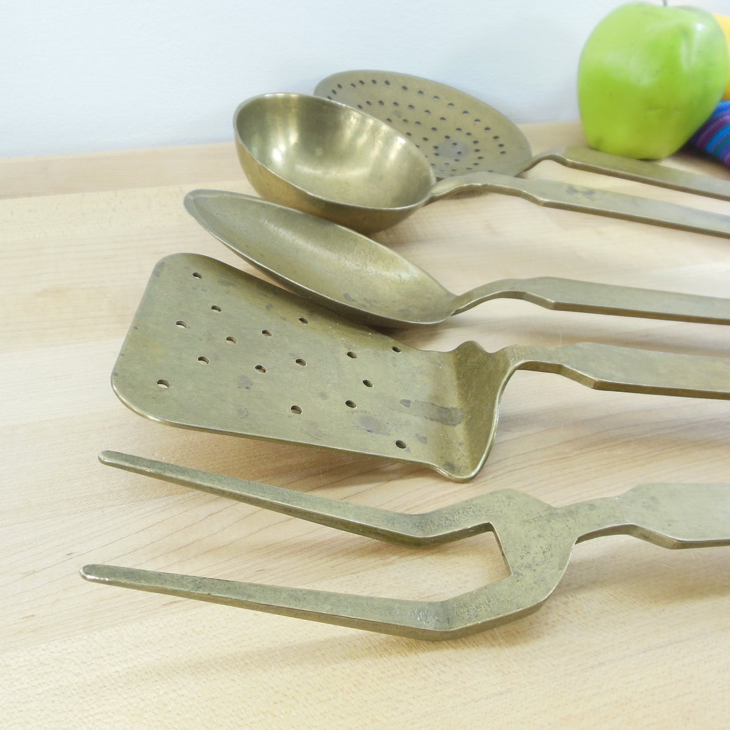 Heavy Large Brass 5 Piece Kitchen Utensil Set - Hanging Hooks Fork Spoon