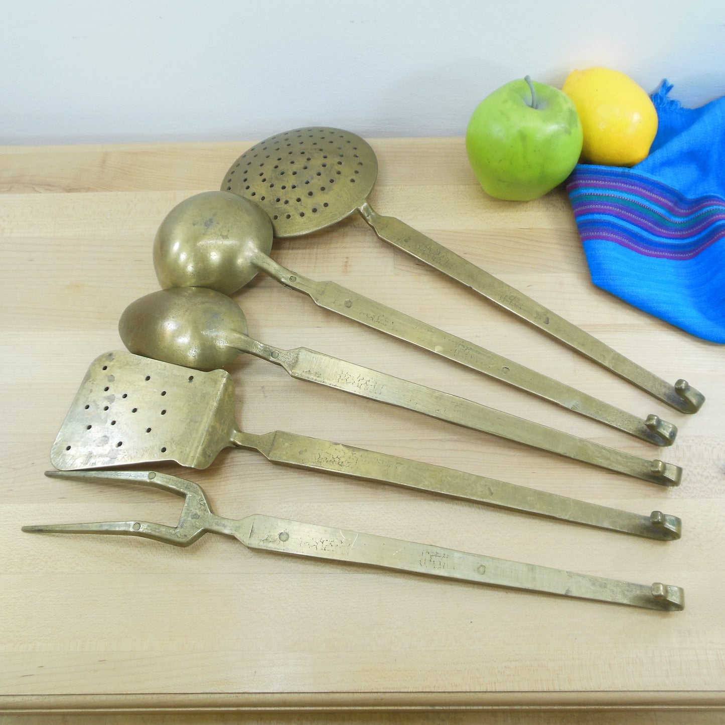 Heavy Large Brass 5 Piece Kitchen Utensil Set - Hanging Hooks Vintage
