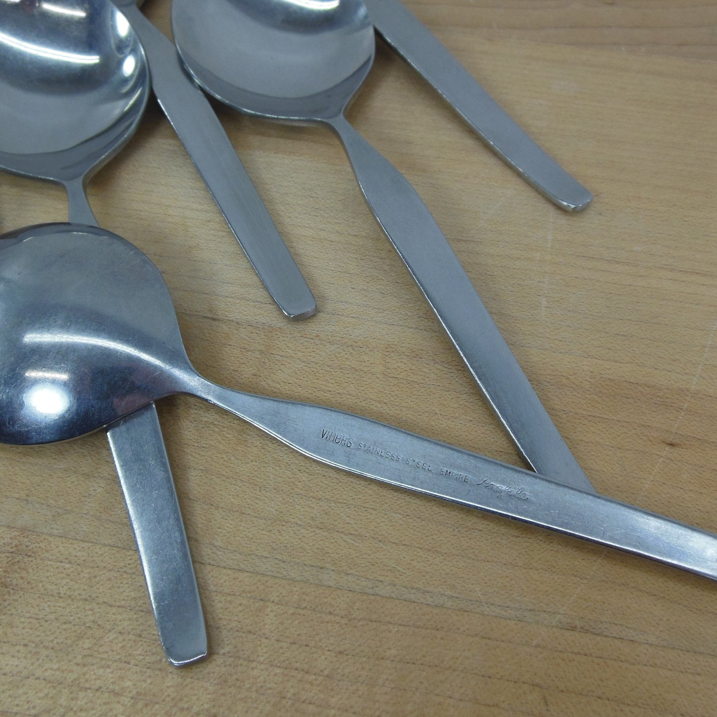 Viners Empire Profile Stainless Flatware - 6 Bullion Soup Spoons Vintage Used
