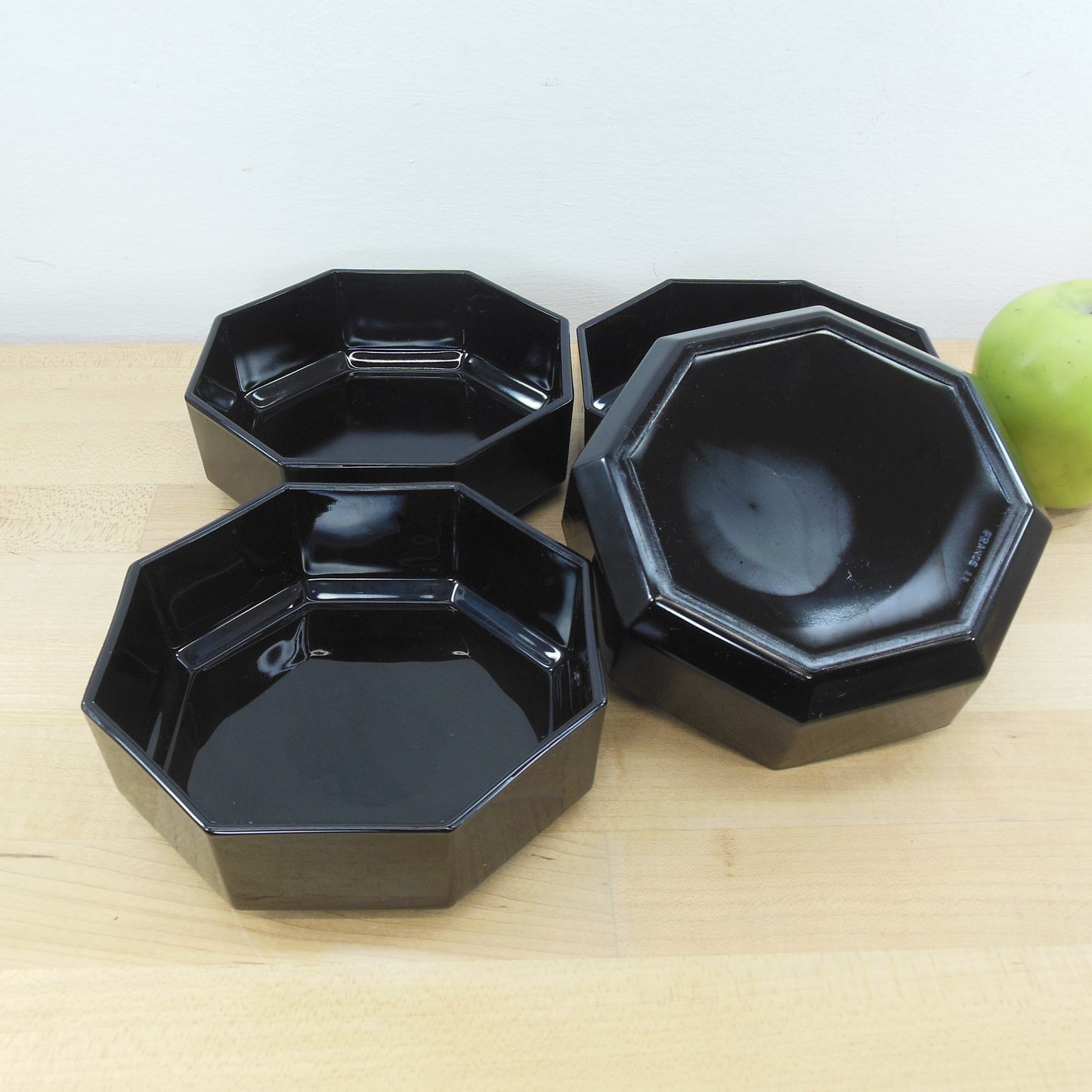 Arcoroc France Octime Black Octagonal Glass Dinnerware - Cereal Bowl 4 Set Vintage Used