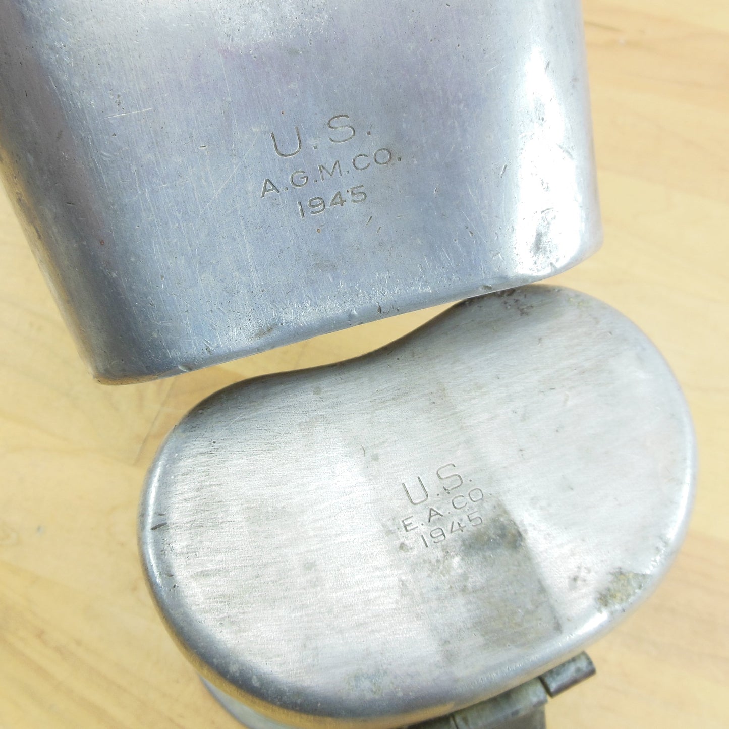 US Army WWII 1945 A.G.M. Co. Canteen & E.A. Co. Cup - Named Edmond Momon Used Original Field Gear