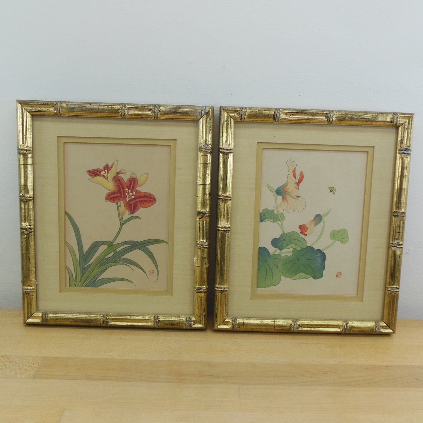 Asian Silk Painting Pair Flowers Bee Artist Signed Stamp Mark 1980's