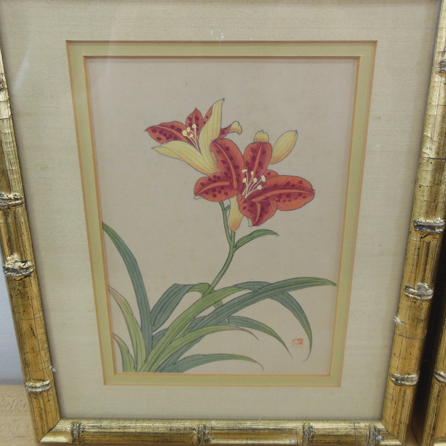 Asian Silk Painting Pair Flowers Bee Artist Signed Stamp Mark 1980's Vintage
