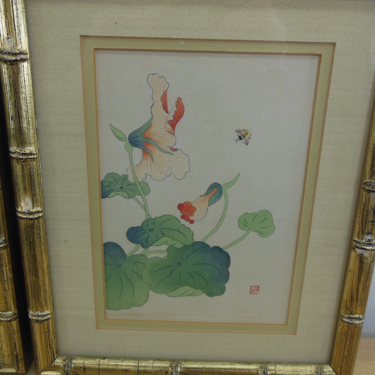 Asian Silk Painting Pair Flowers Bee Artist Signed Stamp Mark 1980's Floral