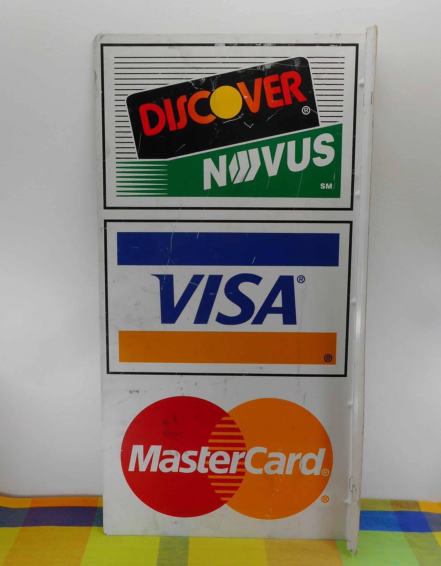 Store Credit Card Metal Flange Sign Mastercard Visa Discover Novus 1990's