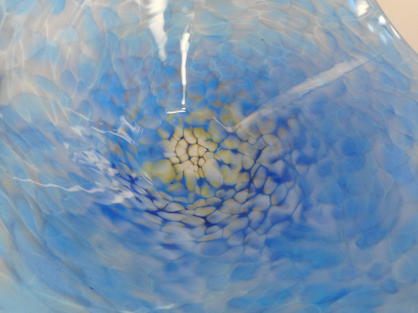 Chad Moriarty Signed Blown Art Glass Bowl 9" - Blue Yellow White Free Form