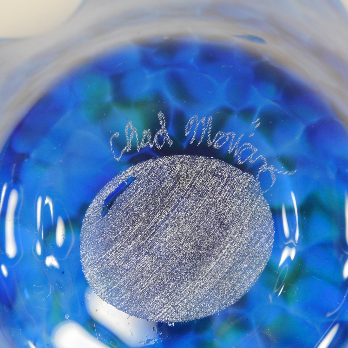 Chad Moriarty Signed Blown Art Glass Bowl 9" - Blue Yellow White Southern Fried Glass