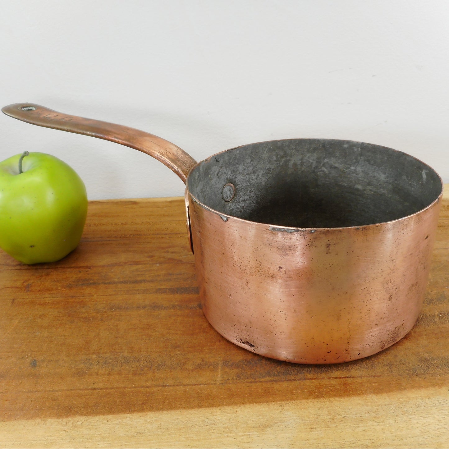 Antique Copper Tinned 1-1/2 Quart Saucepan Heart Hand Brass Dovetail Owner Marks Letters