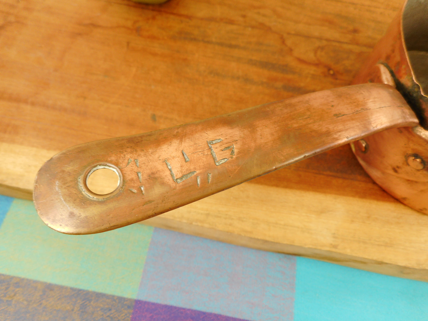 Antique Copper Tinned 1-1/2 Quart Saucepan Brass Dovetail Owner Marks