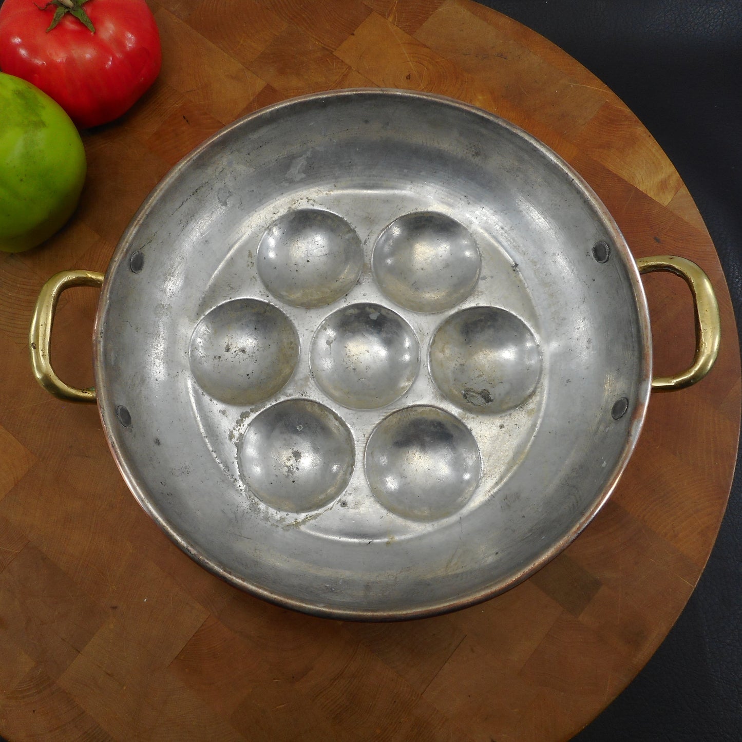 Unbranded Tinned Copper Escargot Aebelskiver Dumpling Pan Brass Handles Antique