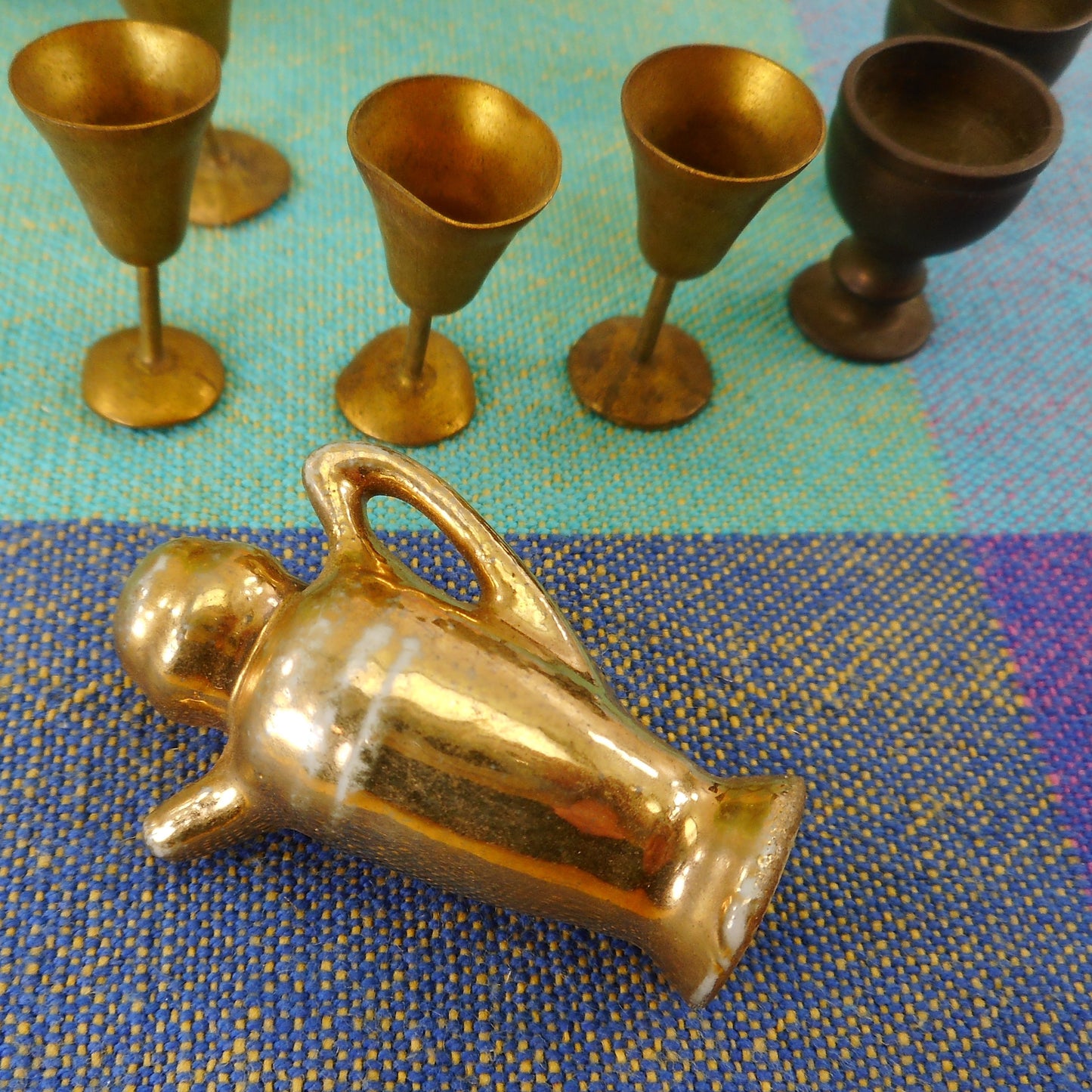 Miniature 1-1/2" Cocktail Shaker Japan & Brass Goblets - Toy Doll House Used Vintage