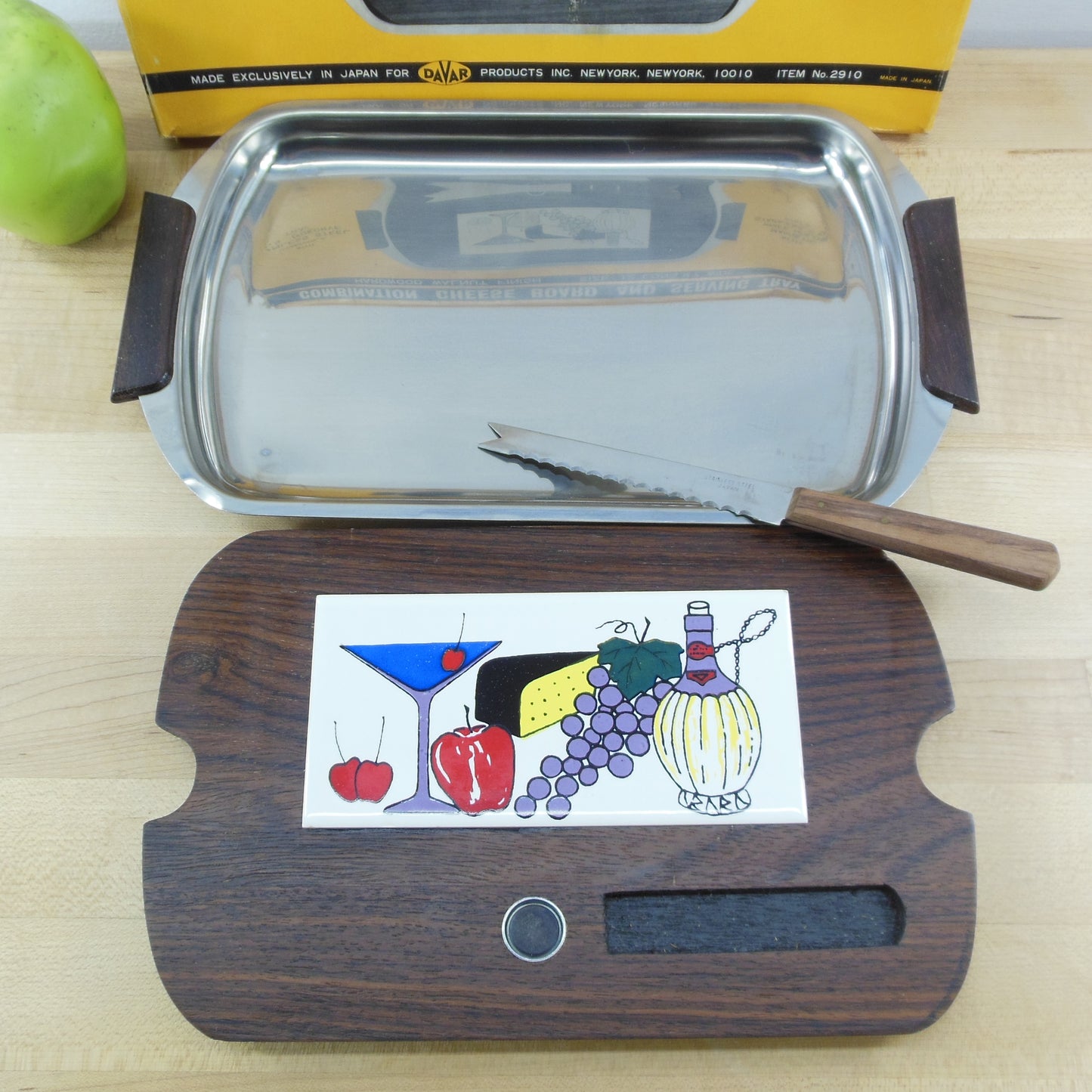 Davar NY Japan Boxed Tile Cheese Board & Stainless Serving Tray Vintage MCM