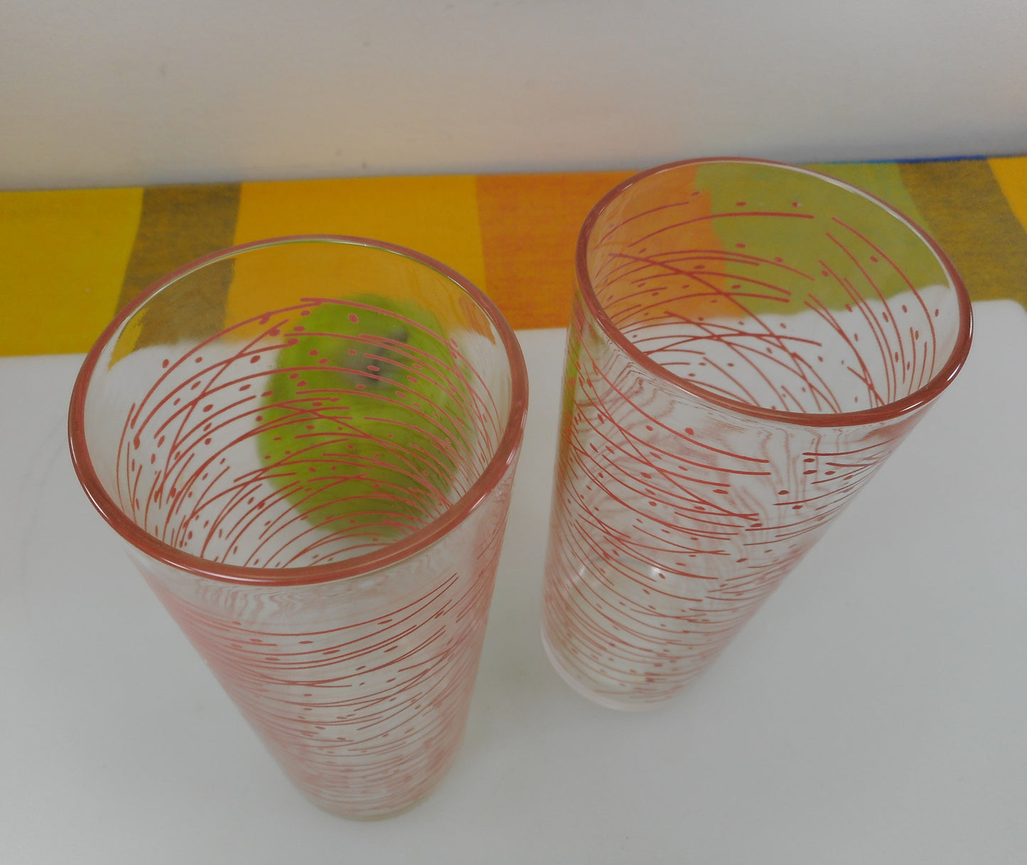 Pink Stick Dot Tall Drink Glasses 6.5" Retro Atomic Vintage Used