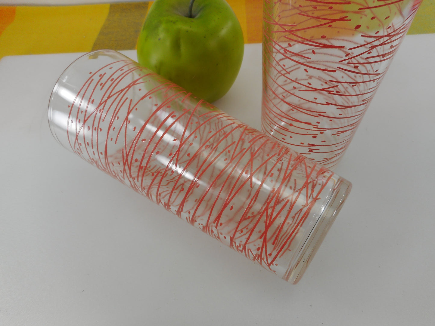 Pink Stick Dot Tall Drink Glasses 6.5" Retro Atomic Vintage 1950-60s