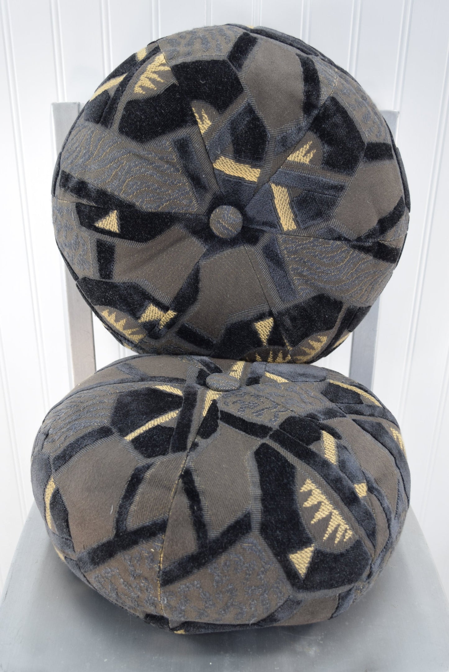 Pillows Poofs Pair (2) Matching 13" Diameter 7" Depth Grey Black Cream Fabric Variety