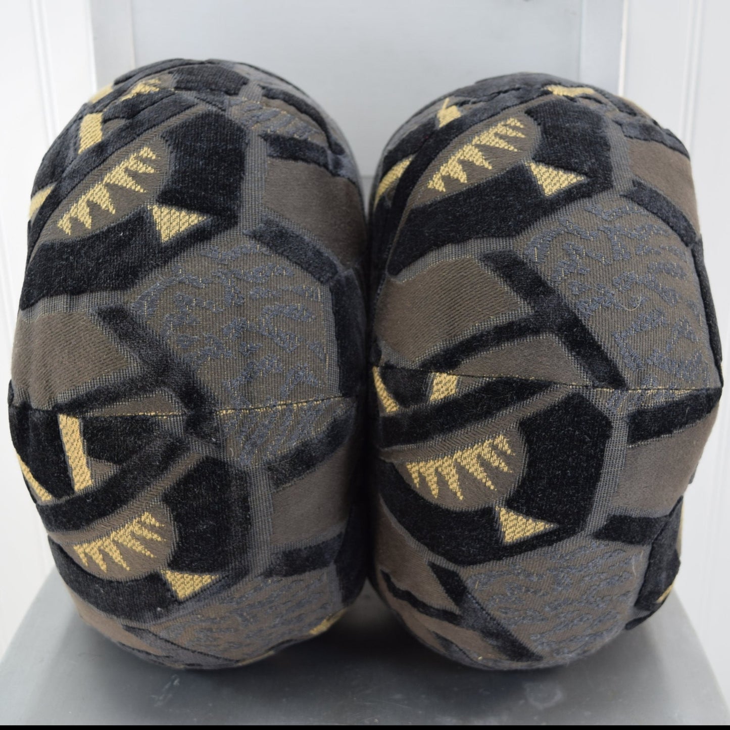 Pillows Poofs Pair (2) Matching 13" Diameter 7" Depth Grey Black Cream Fabric Variety interesting